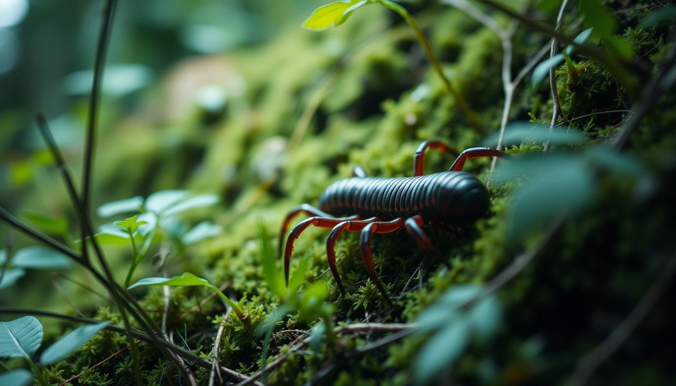 A close-up view of a giant centipede (Scolopendra spp.) crawling through a dense, lush forest undergrowth. The creature's segmented body and numerous legs are displayed in vivid detail, showcasing its intricate exoskeleton and powerful movements. The lighting is soft and diffused, creating a natural, almost ethereal atmosphere. The background is blurred, allowing the centipede to take center stage, while hinting at the surrounding vegetation and damp, mossy environment. The image captures the unique ecology and habitat of this enigmatic arthropod, providing a captivating visual representation of the section "馬陸與千足蟲的生態與環境異同". A close-up view of a giant centipede (Scolopendra spp.) crawling through a dense, lush forest undergrowth. The creature's segmented body and numerous legs are displayed in vivid detail, showcasing its intricate exoskeleton and powerful movements. The lighting is soft and diffused, creating a natural, almost ethereal atmosphere. The background is blurred, allowing the centipede to take center stage, while hinting at the surrounding vegetation and damp, mossy environment. The image captures the unique ecology and habitat of this enigmatic arthropod, providing a captivating visual representation of the section "馬陸與千足蟲的生態與環境異同".