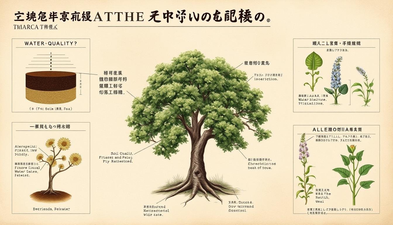 A detailed analysis diagram showcasing the impacts of the Chinese Tallow Tree (Triadica sebifera), commonly known as the "Popcorn Tree" or "Candleberry Tree", on surrounding plants and the living environment. The diagram features a central image of the tree, surrounded by annotated illustrations depicting its effects on soil quality, water absorption, shading, and allelopathic influences on nearby flora. The diagram is rendered in a technical, scientific style with muted, earthy tones, conveying a sense of careful study and observation. Precise linework, accurate botanical illustrations, and a well-organized layout contribute to the informative and educational nature of the image.