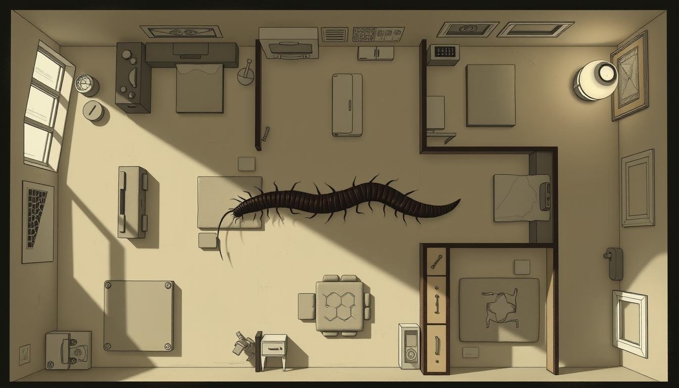 A detailed analysis of the invasion path of a terrestrial arthropod, likely a species of millipede, within a domestic setting. The image should depict a top-down view of a floor plan, showcasing the movement trajectory of the millipede as it navigates through various rooms and obstacles. The scene should be rendered with a technical, schematic aesthetic, using a muted color palette and clean, minimalist lines to convey a sense of scientific objectivity. Subtle textures and shading should be employed to suggest the tactile quality of the environment, while carefully placed lighting should create a sense of depth and dimension. The overall composition should strike a balance between analytical precision and a touch of the uncanny, reflecting the unsettling nature of this unexpected household intruder. A detailed analysis of the invasion path of a terrestrial arthropod, likely a species of millipede, within a domestic setting. The image should depict a top-down view of a floor plan, showcasing the movement trajectory of the millipede as it navigates through various rooms and obstacles. The scene should be rendered with a technical, schematic aesthetic, using a muted color palette and clean, minimalist lines to convey a sense of scientific objectivity. Subtle textures and shading should be employed to suggest the tactile quality of the environment, while carefully placed lighting should create a sense of depth and dimension. The overall composition should strike a balance between analytical precision and a touch of the uncanny, reflecting the unsettling nature of this unexpected household intruder.