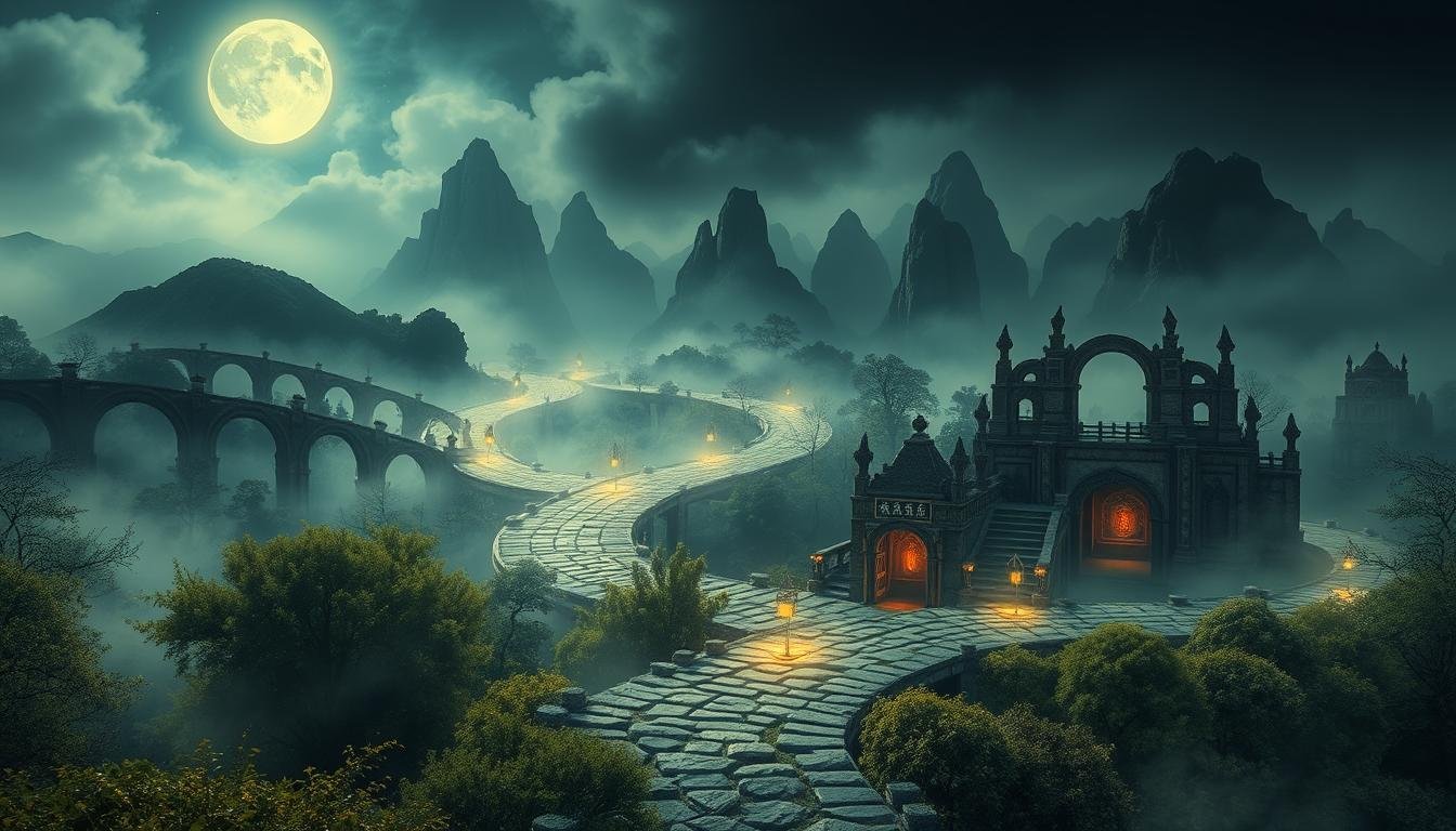A dimly lit, mystical landscape depicting the diverse pathways of esoteric knowledge. In the foreground, a network of ancient stone roads wind through a hazy, ethereal forest, illuminated by a soft, celestial glow. The middle ground features intricate stone bridges and archways, suggesting the interconnected nature of these esoteric paths. In the background, towering mountains shrouded in mist allude to the hidden depths and mysteries of the Xuanxue (玄學) tradition. The scene conveys a sense of timelessness, inviting the viewer to contemplate the profound and enigmatic nature of these esoteric roads of destiny. A dimly lit, mystical landscape depicting the diverse pathways of esoteric knowledge. In the foreground, a network of ancient stone roads wind through a hazy, ethereal forest, illuminated by a soft, celestial glow. The middle ground features intricate stone bridges and archways, suggesting the interconnected nature of these esoteric paths. In the background, towering mountains shrouded in mist allude to the hidden depths and mysteries of the Xuanxue (玄學) tradition. The scene conveys a sense of timelessness, inviting the viewer to contemplate the profound and enigmatic nature of these esoteric roads of destiny.