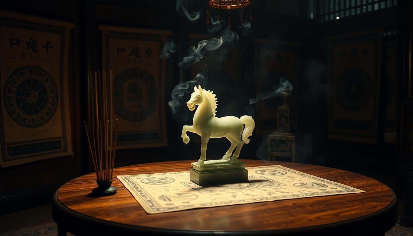 A dimly lit room, the focus on a wooden table where a Chinese jade statue of a horse-like creature, the "Ma Lu," rests. The statue casts a mystical glow, surrounded by delicate incense smoke and ancient scrolls depicting intricate feng shui diagrams. The room's decor is sparse, emphasizing the importance of this symbolic object. Soft, warm lighting illuminates the scene, creating an atmosphere of contemplation and reverence. The camera angle is slightly elevated, giving the viewer a sense of observing this sacred space. The overall mood is one of deep cultural significance and esoteric knowledge.