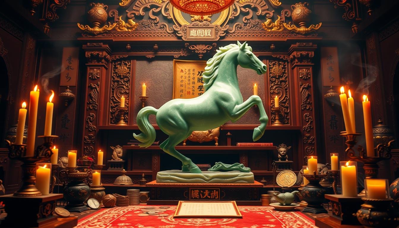 A grand, ornate altar adorned with intricate carvings and gilded accents, bathed in a warm, amber glow from candles and incense. In the center, a jade statuette of a galloping horse, its powerful presence commanding attention. Surrounding it, symbolic objects like coins, scrolls, and talismans, signifying the interplay between the horse, wealth, and destiny. The scene exudes an air of mysticism and ancient wisdom, inviting the viewer to ponder the esoteric connections between the horse, financial prosperity, and the guiding forces of the universe.