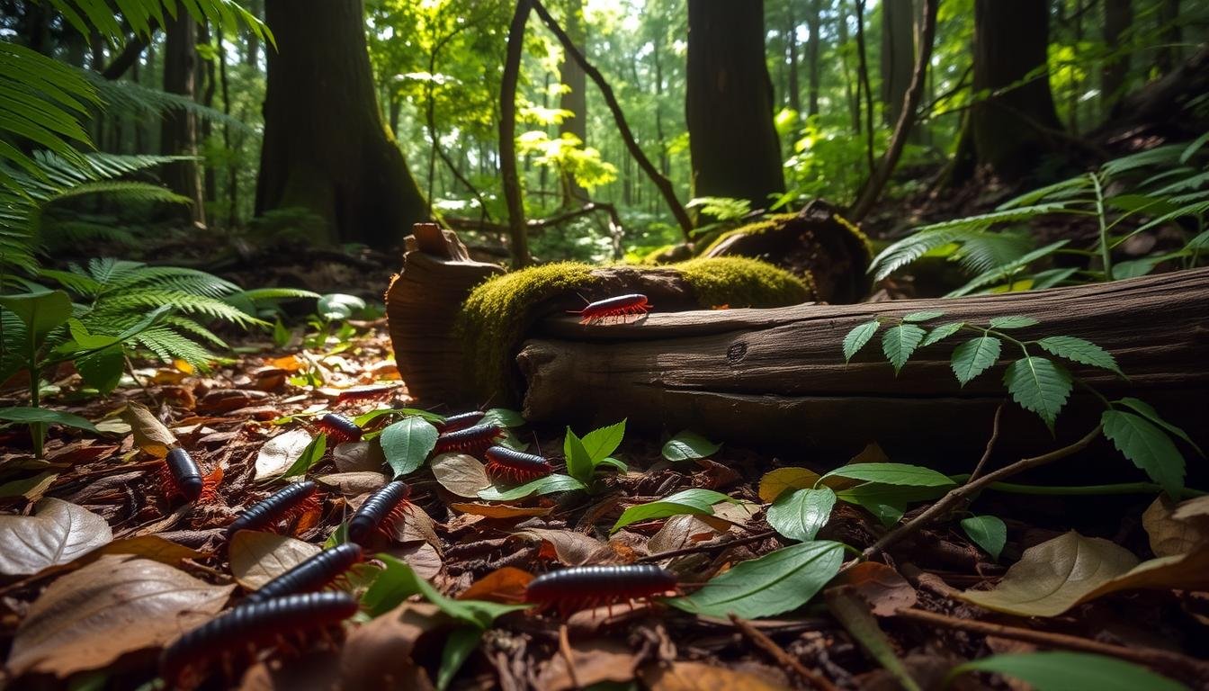 A lush, verdant forest floor, dappled with sunlight filtering through the canopy above. In the foreground, a group of millipedes, known as "house centipedes" or "马陆", scurry across the leaf-strewn ground, their segmented bodies moving with a mesmerizing rhythm. Their delicate antennae twitch, sensing the vibrations of their environment. In the middle ground, a fallen log serves as a hub of activity, with the millipedes exploring its crevices and feeding on the decomposing wood. The background is a tapestry of ferns, mosses, and the trunks of ancient trees, creating a serene and natural setting for this ecological tableau. Capture the intricate details of the millipedes' behavior and their role in the forest's delicate balance. A lush, verdant forest floor, dappled with sunlight filtering through the canopy above. In the foreground, a group of millipedes, known as "house centipedes" or "马陆", scurry across the leaf-strewn ground, their segmented bodies moving with a mesmerizing rhythm. Their delicate antennae twitch, sensing the vibrations of their environment. In the middle ground, a fallen log serves as a hub of activity, with the millipedes exploring its crevices and feeding on the decomposing wood. The background is a tapestry of ferns, mosses, and the trunks of ancient trees, creating a serene and natural setting for this ecological tableau. Capture the intricate details of the millipedes' behavior and their role in the forest's delicate balance.