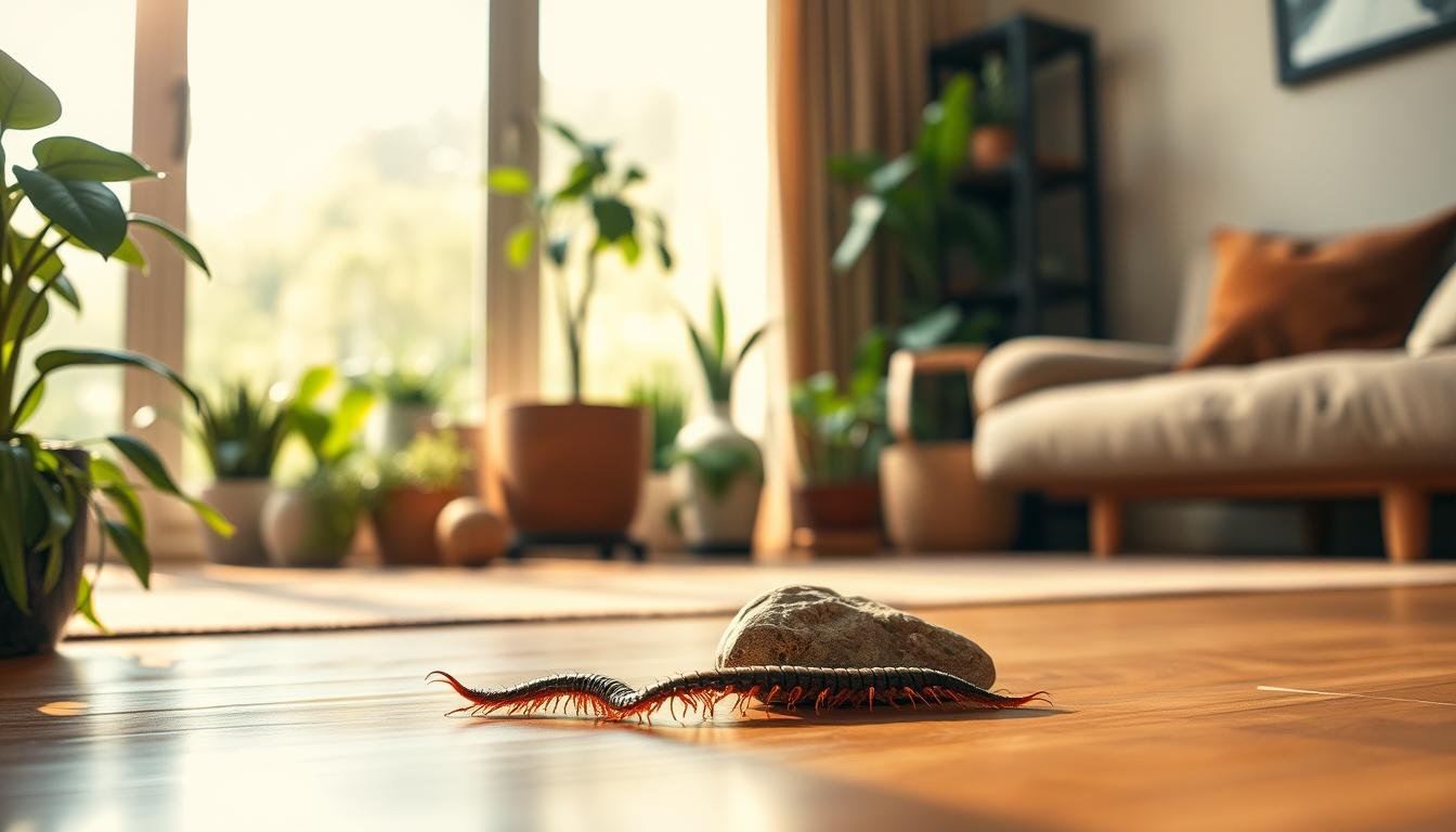 A serene and harmonious living space, bathed in warm natural light. In the foreground, a carefully curated arrangement of houseplants and rocks, symbolizing the delicate balance of energy within the home. The middle ground features a tranquil scene of a Scolopendra subspinipes, commonly known as the Chinese red-headed centipede, gracefully moving across the floor, conveying a sense of natural equilibrium. The background showcases a subtle interplay of earth tones and calming textures, creating an atmosphere of grounded introspection. The overall composition evokes a sense of mindful, holistic living, where the presence of the Scolopendra represents the profound insights it can offer regarding the flow of energy within the domestic realm.