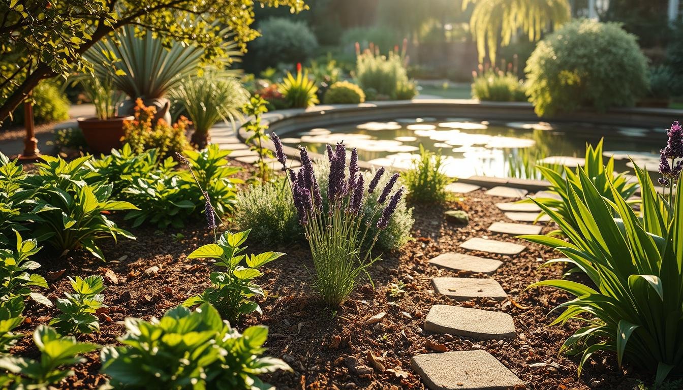A serene garden scene showcasing natural methods to repel millipedes. In the foreground, lush greenery and earth-toned plants surround a winding path. Midground features an array of natural pest deterrents like citronella, lavender, and diatomaceous earth. In the background, a tranquil pond reflects the calming atmosphere. Warm natural lighting filters through the scene, casting gentle shadows. The overall mood is one of harmony and balance, highlighting the effectiveness of eco-friendly millipede control.