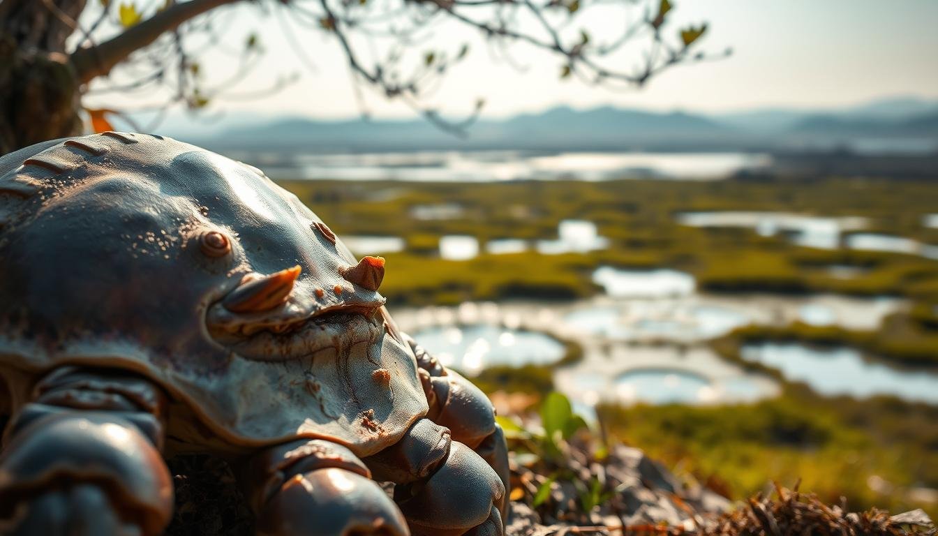 A serene outdoor scene of a "馬陸生態觀察" unfolds. In the foreground, a close-up view captures the intricate details of a Chinese horseshoe crab, its carapace glistening under the warm natural lighting. The middle ground reveals the creature's natural habitat, a tranquil coastal wetland with lush vegetation and tidal pools. In the background, a panoramic vista showcases the broader ecosystem, with distant hills and a hazy horizon. The overall atmosphere conveys a sense of scientific observation and reverence for the natural world. Crisp, high-resolution photography with a shallow depth of field emphasizes the subject's delicate features and the harmony of its environment. A serene outdoor scene of a "馬陸生態觀察" unfolds. In the foreground, a close-up view captures the intricate details of a Chinese horseshoe crab, its carapace glistening under the warm natural lighting. The middle ground reveals the creature's natural habitat, a tranquil coastal wetland with lush vegetation and tidal pools. In the background, a panoramic vista showcases the broader ecosystem, with distant hills and a hazy horizon. The overall atmosphere conveys a sense of scientific observation and reverence for the natural world. Crisp, high-resolution photography with a shallow depth of field emphasizes the subject's delicate features and the harmony of its environment.
