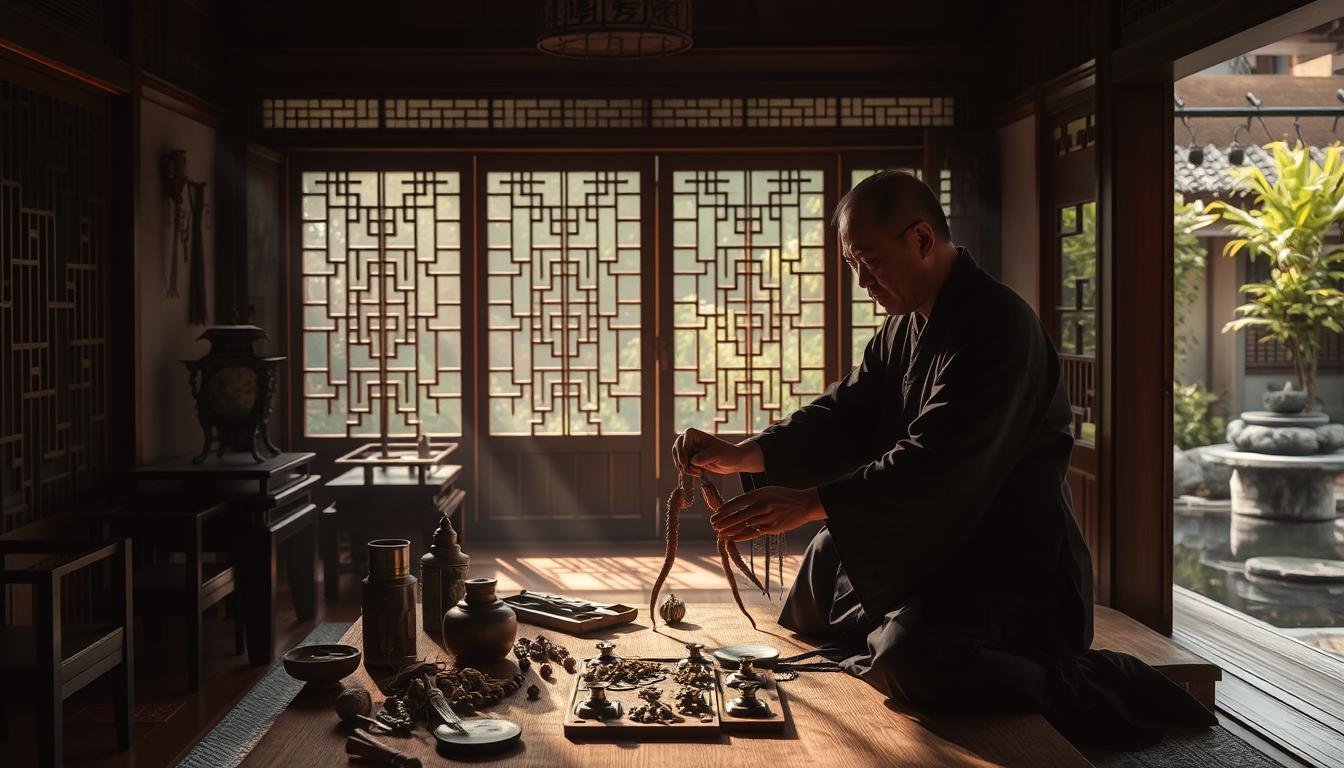 A serene traditional Chinese interior with wooden furniture and calming decor. In the foreground, a skilled practitioner performs a ritualistic process to safely remove a large centipede-like creature, the "Maliulong", from the home using precise techniques and ancient wisdom. Muted lighting casts dramatic shadows, heightening the mystical atmosphere. The middle ground features carefully placed talismans, herbs, and tools of the trade. In the background, a tranquil garden scene with lush greenery and a calming water feature, conveying a sense of balance and harmony restored to the home.