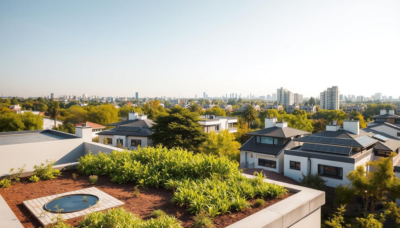 A serene urban landscape with a focus on harmonious environmental adaptation strategies. In the foreground, a lush green rooftop garden with thriving vegetation and a small water feature, symbolizing sustainable living. The middle ground features energy-efficient residential buildings with solar panels, showcasing renewable energy integration. In the background, a cityscape with a blend of modern and traditional architectural elements, surrounded by trees and greenery, creating a balanced and visually appealing environment. The scene is bathed in warm, natural lighting, conveying a sense of tranquility and environmental well-being. The overall mood is one of harmony, sustainability, and a thoughtful approach to adapting the built environment to improve quality of life. A serene urban landscape with a focus on harmonious environmental adaptation strategies. In the foreground, a lush green rooftop garden with thriving vegetation and a small water feature, symbolizing sustainable living. The middle ground features energy-efficient residential buildings with solar panels, showcasing renewable energy integration. In the background, a cityscape with a blend of modern and traditional architectural elements, surrounded by trees and greenery, creating a balanced and visually appealing environment. The scene is bathed in warm, natural lighting, conveying a sense of tranquility and environmental well-being. The overall mood is one of harmony, sustainability, and a thoughtful approach to adapting the built environment to improve quality of life.
