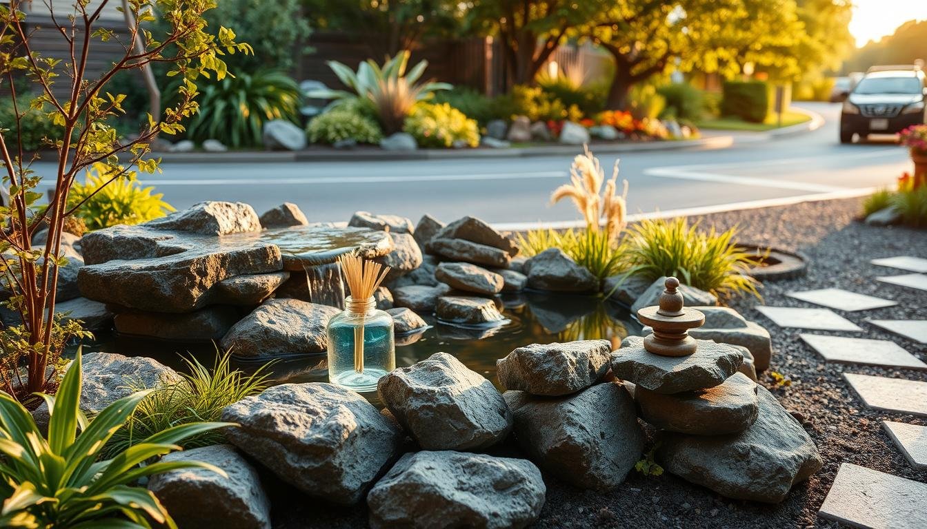 A tranquil Feng Shui garden scene with a serene water feature, lush greenery, and strategic placement of elements to harmonize the presence of a nearby road. Soft, warm lighting casts a soothing glow, creating a sense of balance and calm. Carefully positioned rocks, plants, and decorative items act as visual barriers and energy redirectors, mitigating the disruptive influence of the road. The overall composition exudes a feeling of restorative harmony, showcasing practical Feng Shui strategies to overcome the challenges posed by a nearby thoroughfare.