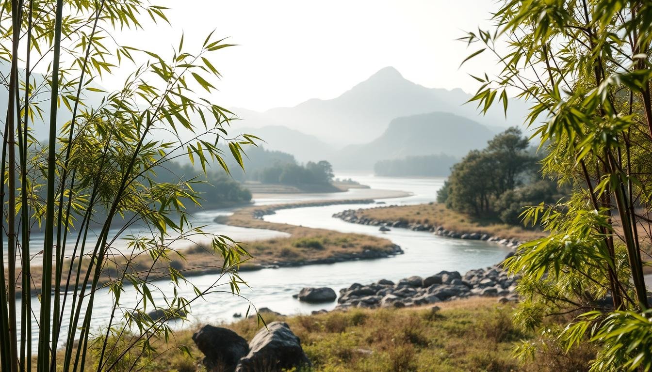 A tranquil and serene scene of a traditional Chinese landscape, showcasing the prominent features of feng shui and its associated energy flows. In the foreground, a delicate bamboo grove sways gently, symbolizing flexibility and growth. The middle ground features a meandering stream, its soothing waters representing the harmonious flow of chi, or life force. In the background, a majestic mountain range rises, its peaks and valleys evoking the yin-yang balance of nature. The lighting is soft and diffused, creating a calming, meditative atmosphere. The overall composition emphasizes the harmonious integration of natural elements, reflecting the principles of feng shui and its impact on the surrounding environment.