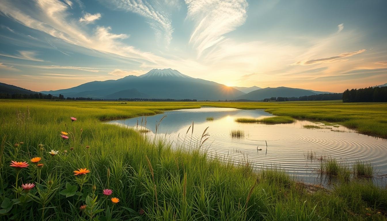A tranquil landscape depicting the interconnectedness of nature and the celestial realm. In the foreground, a lush, verdant meadow dotted with vibrant wildflowers sways gently in the breeze. In the middle ground, a serene pond reflects the sky above, its surface rippling with the movements of unseen life. In the background, a majestic mountain range rises, its peaks touched by wispy clouds and bathed in warm, golden light. The scene exudes a sense of balance and harmony, inviting the viewer to contemplate the subtle signs and patterns that reveal the deeper rhythms of the natural world. Soft, diffused lighting casts a sense of tranquility, while a wide-angle lens captures the expansive, interconnected landscape. The overall mood is one of contemplation and reverence for the natural cycles that shape our existence. A tranquil landscape depicting the interconnectedness of nature and the celestial realm. In the foreground, a lush, verdant meadow dotted with vibrant wildflowers sways gently in the breeze. In the middle ground, a serene pond reflects the sky above, its surface rippling with the movements of unseen life. In the background, a majestic mountain range rises, its peaks touched by wispy clouds and bathed in warm, golden light. The scene exudes a sense of balance and harmony, inviting the viewer to contemplate the subtle signs and patterns that reveal the deeper rhythms of the natural world. Soft, diffused lighting casts a sense of tranquility, while a wide-angle lens captures the expansive, interconnected landscape. The overall mood is one of contemplation and reverence for the natural cycles that shape our existence.