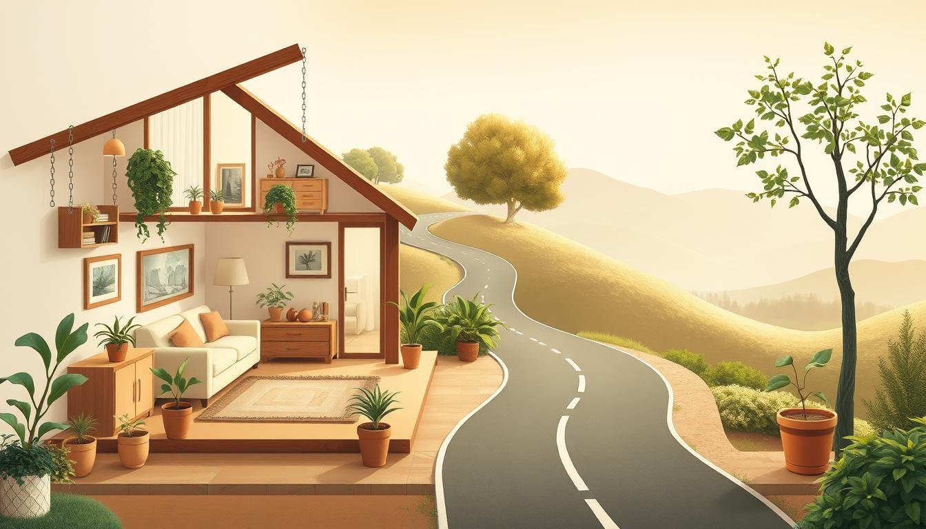 A well-lit, meticulously detailed illustration showcasing effective methods to manage the presence of a road within a domestic setting. The foreground depicts a stylized, two-dimensional household layout with various natural and man-made elements, including potted plants, furniture, and decorative accents. The middle ground features a prominent, winding road that seamlessly integrates with the home's interior, suggesting a blending of the physical and metaphysical realms. The background incorporates a serene, ethereal landscape with muted tones, evoking a sense of tranquility and balance. The overall composition conveys a harmonious coexistence between the earthly and the mystical, guiding the viewer towards a deeper understanding of the subject matter. A well-lit, meticulously detailed illustration showcasing effective methods to manage the presence of a road within a domestic setting. The foreground depicts a stylized, two-dimensional household layout with various natural and man-made elements, including potted plants, furniture, and decorative accents. The middle ground features a prominent, winding road that seamlessly integrates with the home's interior, suggesting a blending of the physical and metaphysical realms. The background incorporates a serene, ethereal landscape with muted tones, evoking a sense of tranquility and balance. The overall composition conveys a harmonious coexistence between the earthly and the mystical, guiding the viewer towards a deeper understanding of the subject matter.