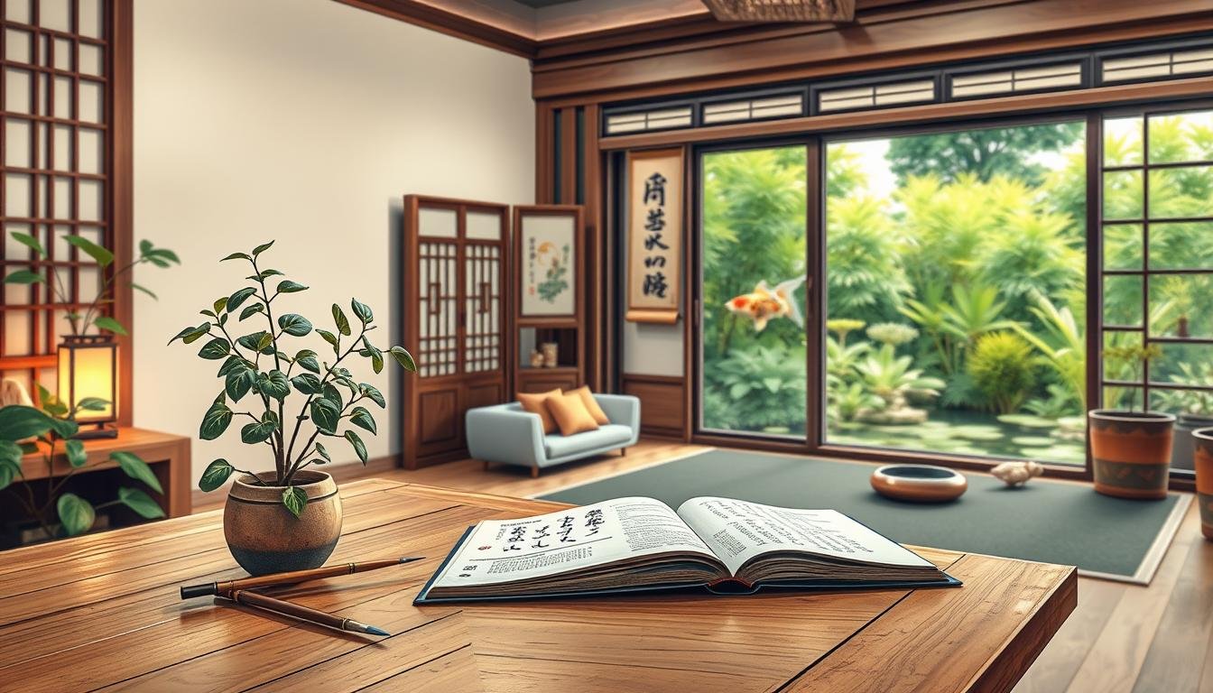 a detailed illustrated book cover for "Feng Shui Adjustment Practice Guide", featuring a serene, harmonious interior scene with natural elements, conveying balance and tranquility. The foreground shows a wooden table with a potted plant, calligraphy brushes, and an open book. The middle ground depicts a cozy living room with a traditional Chinese screen, hanging scroll art, and soft, warm lighting from a table lamp. The background showcases a garden view through a large window, with lush greenery and a koi pond. The overall mood is one of contemplation, reflection, and the practical application of Feng Shui principles for improving living spaces. a detailed illustrated book cover for "Feng Shui Adjustment Practice Guide", featuring a serene, harmonious interior scene with natural elements, conveying balance and tranquility. The foreground shows a wooden table with a potted plant, calligraphy brushes, and an open book. The middle ground depicts a cozy living room with a traditional Chinese screen, hanging scroll art, and soft, warm lighting from a table lamp. The background showcases a garden view through a large window, with lush greenery and a koi pond. The overall mood is one of contemplation, reflection, and the practical application of Feng Shui principles for improving living spaces.