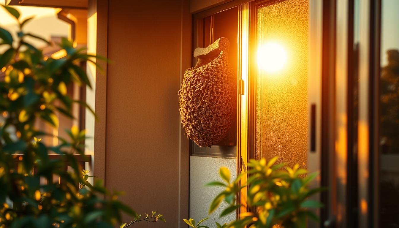 A balcony in a Taiwanese home, bathed in warm, golden afternoon light. In the corner, a swarm of honeybees clings to a hidden nest, their industrious hum filling the air. The delicate, intricate comb structure is visible, a testament to their incredible engineering prowess. The surrounding plants and greenery create a tranquil, natural atmosphere, hinting at the unseen energies and flows that may be influencing the household. A serene, contemplative scene that invites the viewer to ponder the deeper metaphysical meanings behind this unexpected visitor.
