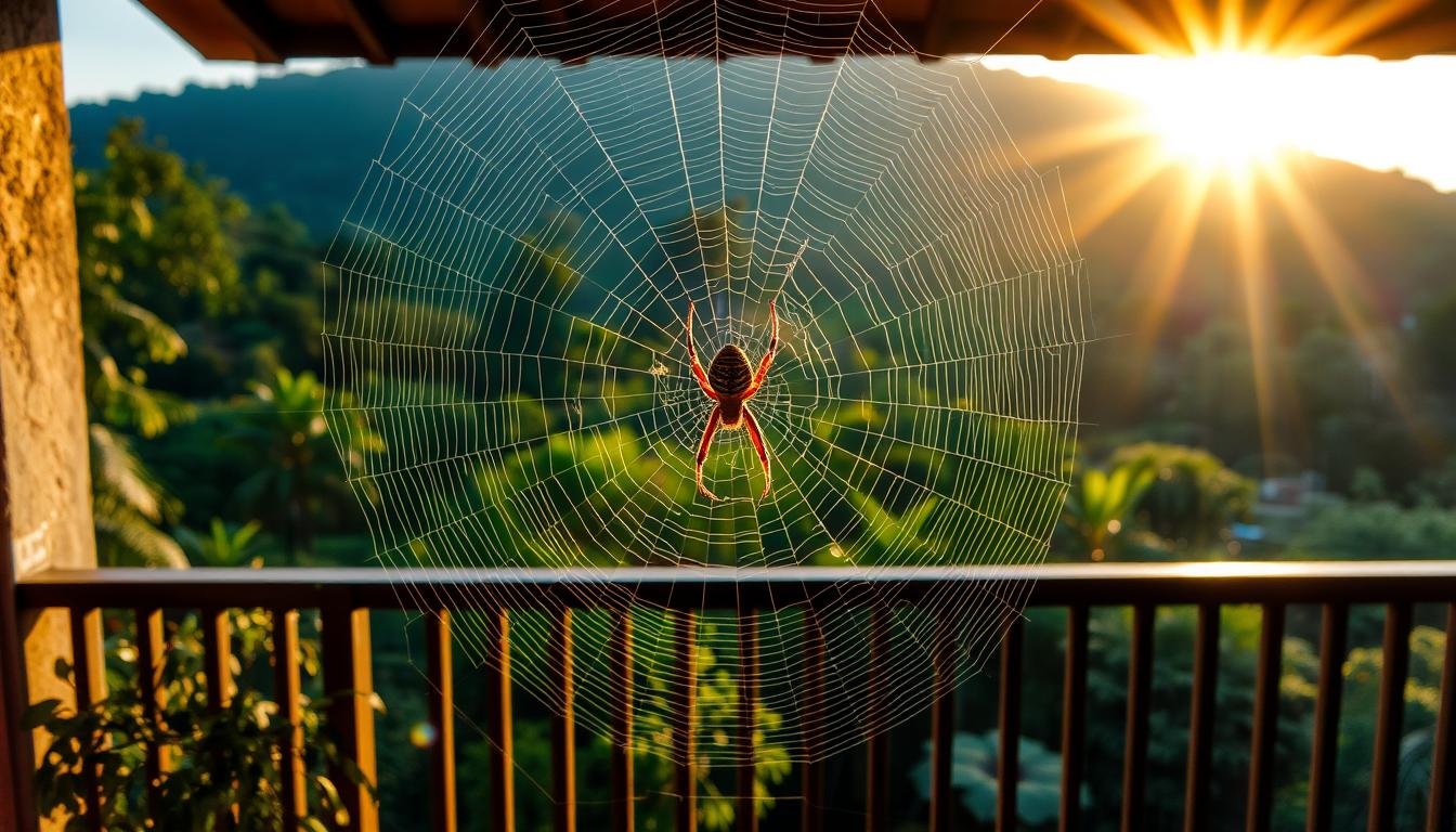 A balcony overlooking a lush, verdant landscape, with a large, intricate spider web delicately spun in the corner, the sun's golden rays filtering through and casting a warm, ethereal glow. The spider, a magnificent arachnid with intricate markings, sits patiently at the center of its creation, symbolizing the harmony between nature and the home. The scene evokes a sense of tranquility and interconnectedness, hinting at the deeper spiritual significance of the spider's presence in this domestic space.