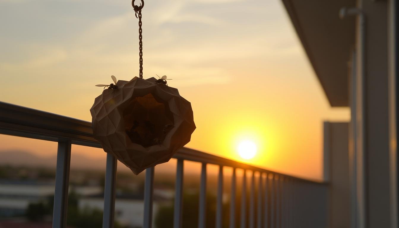 A balcony set against a warm, golden sunset sky. In the foreground, a meticulously crafted paper wasp nest clings to the railing, its intricate hexagonal structure a testament to the industrious nature of its inhabitants. The nest appears to be in an active state, with worker wasps diligently maintaining and defending their abode. The scene evokes a sense of tranquility and harmony, suggesting that the presence of this wasp nest may hold deeper symbolic meaning, perhaps signifying prosperity, protection, or the delicate balance of nature.