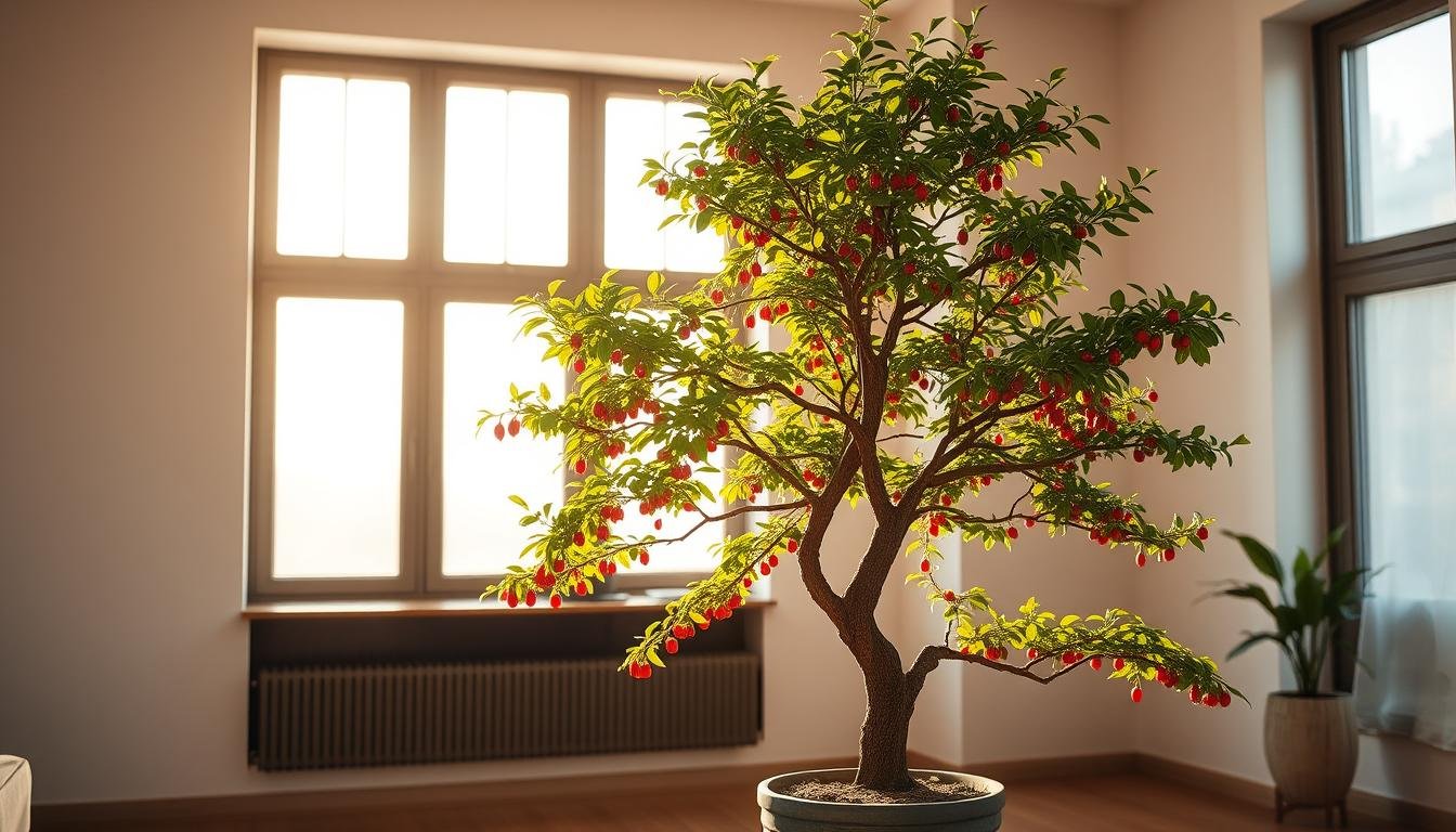 A beautifully lit indoor scene showcasing the perfect placement of a thriving Sichuan Pepper tree (Zanthoxylum bungeanum), its lush foliage and vibrant red berries illuminated by warm, diffused natural light filtering through a large window. The tree is positioned in the corner of a serene, minimalist living space, its upright trunk and graceful branching structure in harmonious alignment with the architectural elements. The overall ambiance evokes a sense of balance, tranquility and prosperity, reflecting the principles of traditional Chinese feng shui.