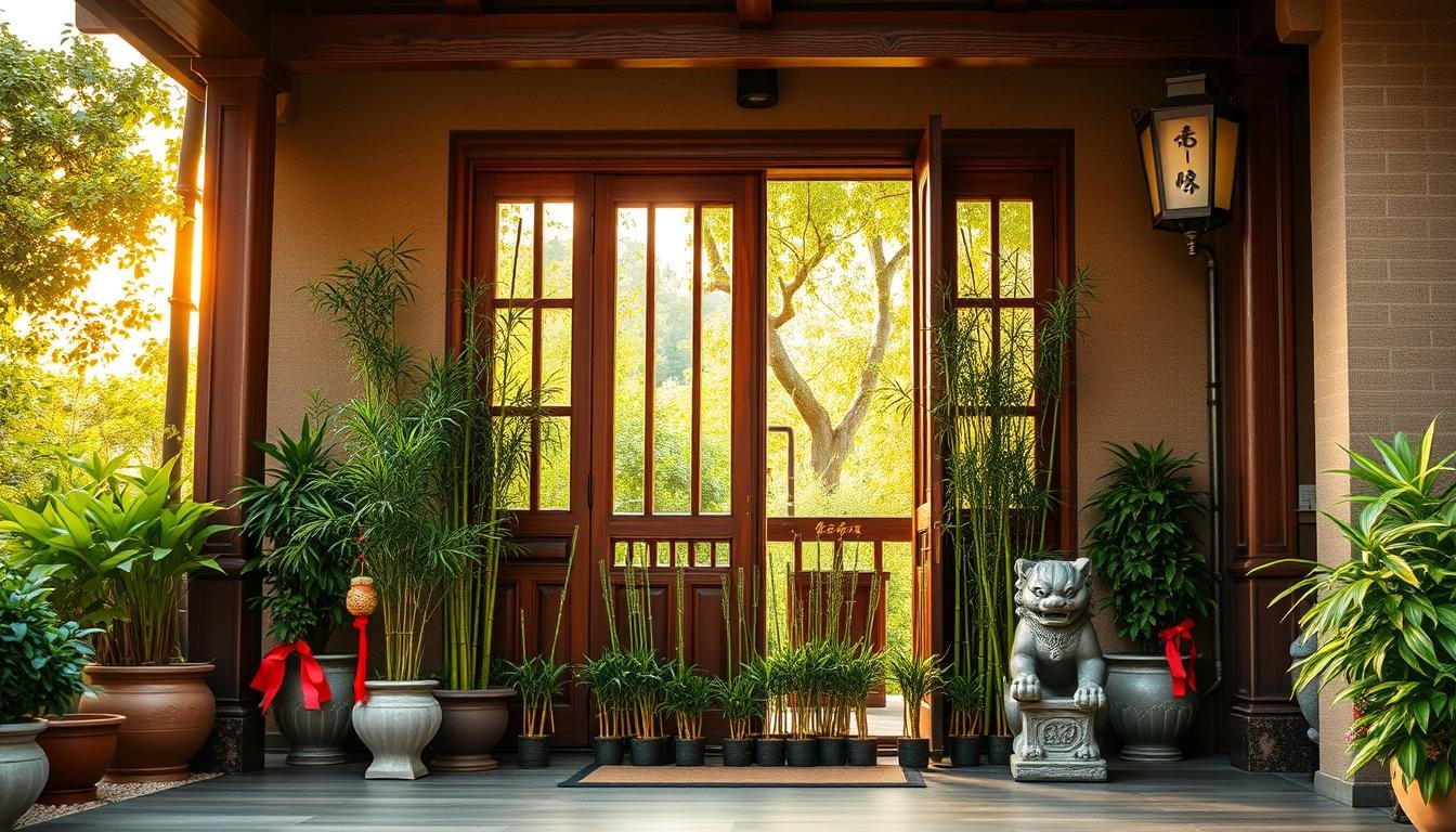 A beautifully manicured Taiwanese-style terrace with a large wooden entrance gate, flanked by tall potted plants and a pair of stone lion statues. The porch is adorned with a neatly arranged display of lucky bamboo, their green stalks and red ribbons catching the warm, golden light filtering through the open doorway. Lush greenery fills the background, creating a serene, nature-infused atmosphere. The overall composition exudes a sense of balance, harmony, and prosperity, perfectly capturing the essence of Feng Shui and the importance of strategic wood placement around the home's entrance. A beautifully manicured Taiwanese-style terrace with a large wooden entrance gate, flanked by tall potted plants and a pair of stone lion statues. The porch is adorned with a neatly arranged display of lucky bamboo, their green stalks and red ribbons catching the warm, golden light filtering through the open doorway. Lush greenery fills the background, creating a serene, nature-infused atmosphere. The overall composition exudes a sense of balance, harmony, and prosperity, perfectly capturing the essence of Feng Shui and the importance of strategic wood placement around the home's entrance.