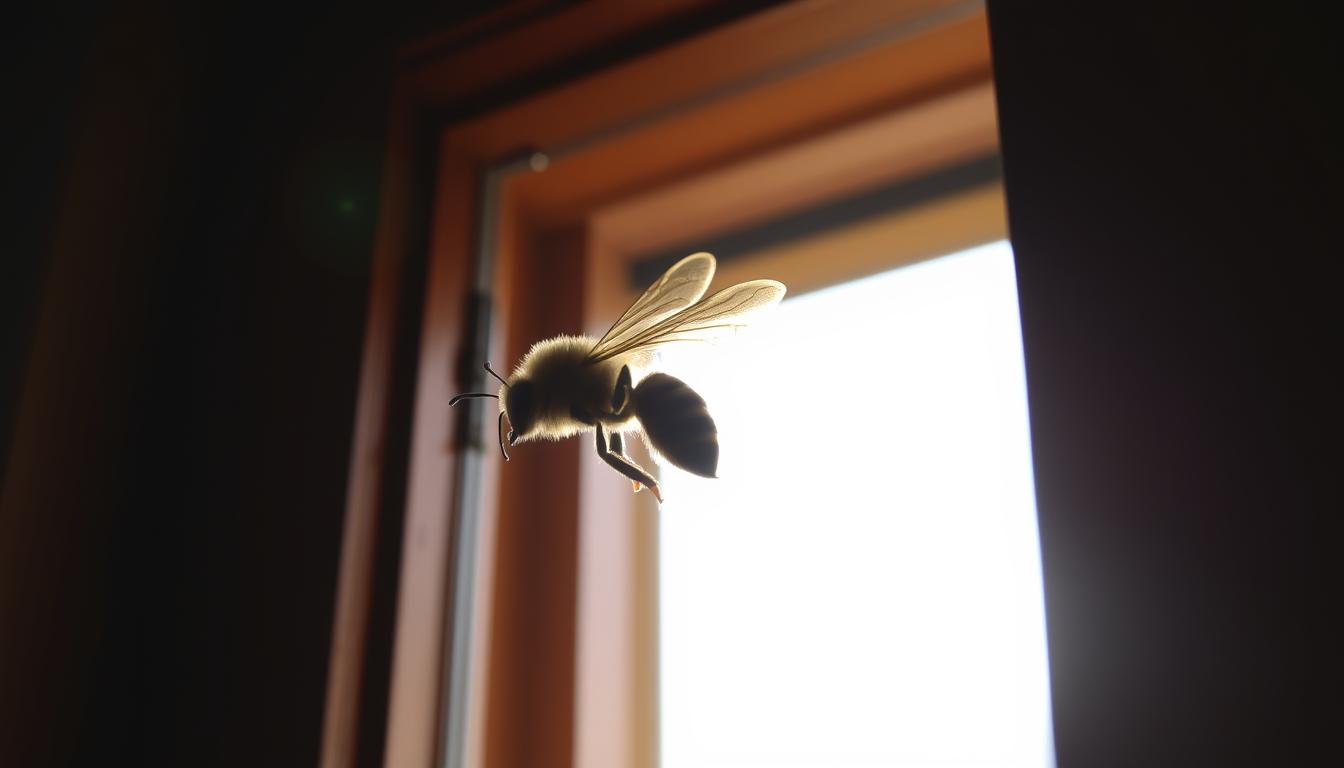 A black worker bee gracefully entering through an open window, casting a dramatic silhouette against the bright sunlight streaming in. The bee's wings are outstretched, its body poised with purpose as it navigates the threshold between the outdoor and indoor spaces. The scene is framed by the rich wooden tones of the window frame, creating a cozy, homely atmosphere. The lighting is soft and natural, accentuating the bee's intricate features and the delicate dance of its flight. An air of anticipation and wonder permeates the moment, hinting at the significance and potential implications of the bee's arrival. A black worker bee gracefully entering through an open window, casting a dramatic silhouette against the bright sunlight streaming in. The bee's wings are outstretched, its body poised with purpose as it navigates the threshold between the outdoor and indoor spaces. The scene is framed by the rich wooden tones of the window frame, creating a cozy, homely atmosphere. The lighting is soft and natural, accentuating the bee's intricate features and the delicate dance of its flight. An air of anticipation and wonder permeates the moment, hinting at the significance and potential implications of the bee's arrival.