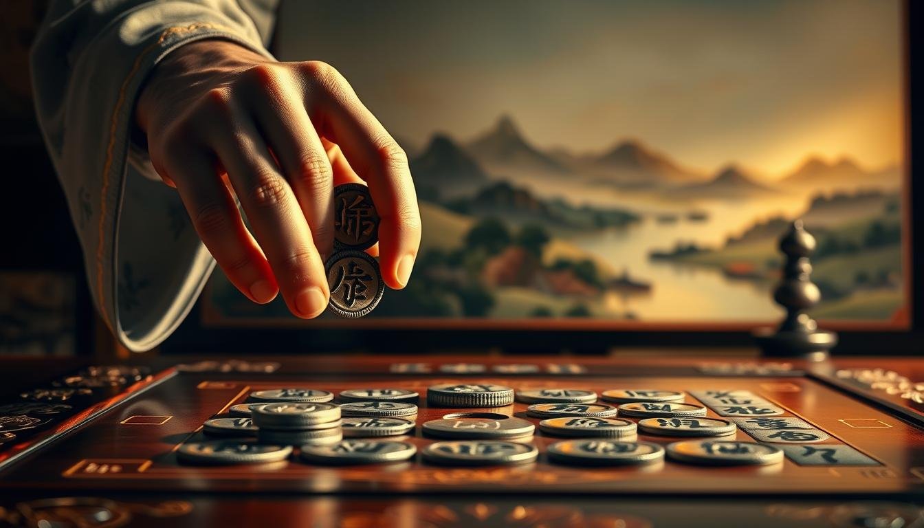 A breathtaking scene of traditional Chinese divination, captured in stunning detail. In the foreground, a mystic's hands delicately arrange intricate I Ching coins, casting ancient hexagrams onto a lacquered table. The middle ground showcases a serene landscape painting depicting rolling hills and a tranquil river, subtly framing the divination practice. The background is bathed in a warm, golden light, lending an air of timeless wisdom and contemplation. The composition evokes a sense of balance, harmony, and the profound interconnectedness of the natural and spiritual realms. This image perfectly encapsulates the depth and nuance of traditional Chinese metaphysics, inviting the viewer to explore the rich tapestry of "命理" and its application in modern life. A breathtaking scene of traditional Chinese divination, captured in stunning detail. In the foreground, a mystic's hands delicately arrange intricate I Ching coins, casting ancient hexagrams onto a lacquered table. The middle ground showcases a serene landscape painting depicting rolling hills and a tranquil river, subtly framing the divination practice. The background is bathed in a warm, golden light, lending an air of timeless wisdom and contemplation. The composition evokes a sense of balance, harmony, and the profound interconnectedness of the natural and spiritual realms. This image perfectly encapsulates the depth and nuance of traditional Chinese metaphysics, inviting the viewer to explore the rich tapestry of "命理" and its application in modern life.