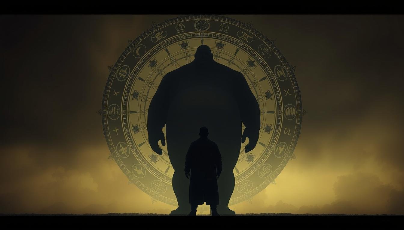 A captivating digital artwork depicting the "Eight Characters" or "八 字 重量" of the world's heaviest person. In the foreground, a colossal figure stands, their massive body silhouetted against a muted, atmospheric background. Intricate celestial symbols and astrological markings swirl around the subject, hinting at the deep, mysterious forces shaping their destiny. The lighting is dramatic, casting bold shadows and highlighting the sheer scale and weight of the figure. The composition conveys a sense of awe, power, and the elusive boundaries between possibility, standard, and verifiability. Rendered with exquisite attention to detail and a sense of reverence for the enigmatic subject matter.