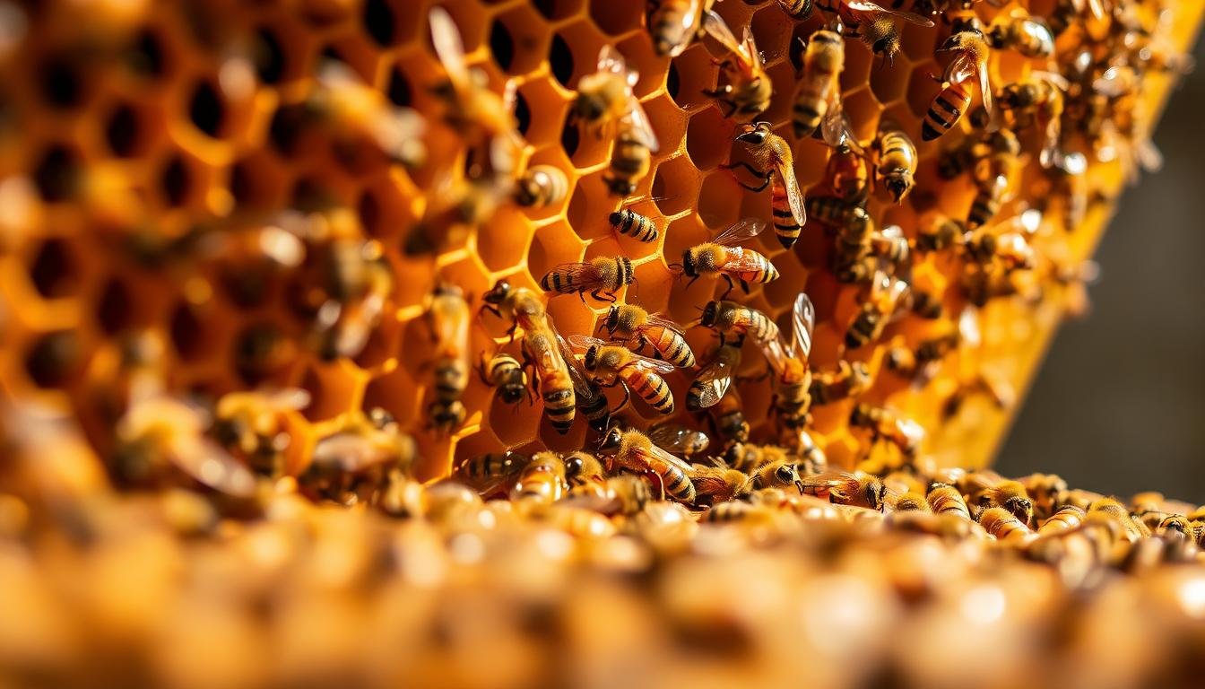A close-up observation of a beehive, capturing the intricate hexagonal structure and the industrious movement of the honey bees within. The scene is bathed in warm, natural lighting, highlighting the golden tones of the wax comb and the vibrant colors of the worker bees. The camera angle provides a sense of immersion, drawing the viewer into the delicate ecosystem of the hive. The background is slightly blurred, allowing the focus to remain on the captivating details of the beehive's architecture and the industrious activity of the colony. This image aims to showcase the unique characteristics and diversity of different bee species, underscoring the importance of understanding their distinct roles and behaviors.