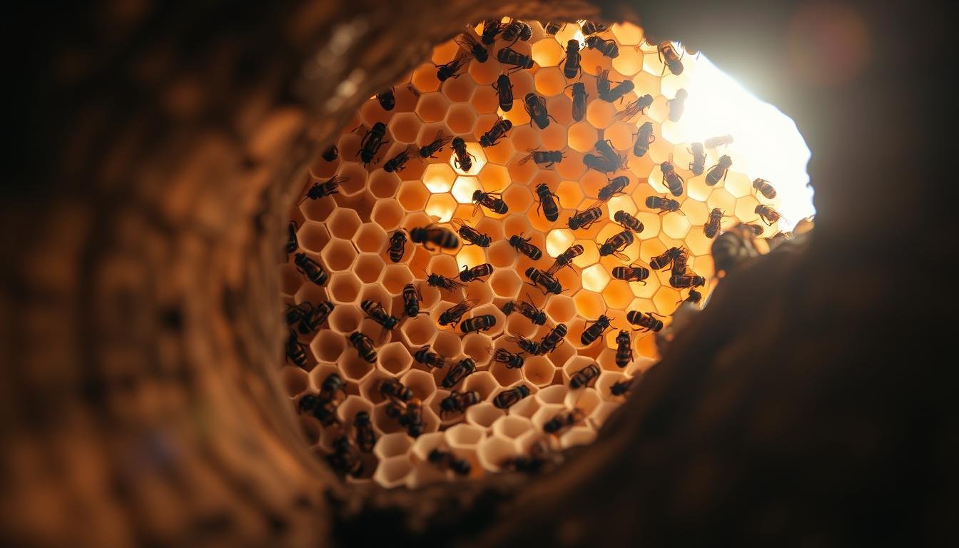 A close-up view of a Vespa mandarinia (Asian giant hornet) nest, nestled in the hollow of a tree trunk. The intricate paper-like structure is revealed, with its distinct hexagonal cells and the busy, industrious movement of the black-and-yellow hornets as they meticulously construct and maintain their hive. The light filters through the gaps, casting warm, golden tones across the scene. The camera angle provides an intimate, immersive perspective, allowing the viewer to appreciate the engineering prowess and the organized chaos of this formidable insect's habitat. A close-up view of a Vespa mandarinia (Asian giant hornet) nest, nestled in the hollow of a tree trunk. The intricate paper-like structure is revealed, with its distinct hexagonal cells and the busy, industrious movement of the black-and-yellow hornets as they meticulously construct and maintain their hive. The light filters through the gaps, casting warm, golden tones across the scene. The camera angle provides an intimate, immersive perspective, allowing the viewer to appreciate the engineering prowess and the organized chaos of this formidable insect's habitat.