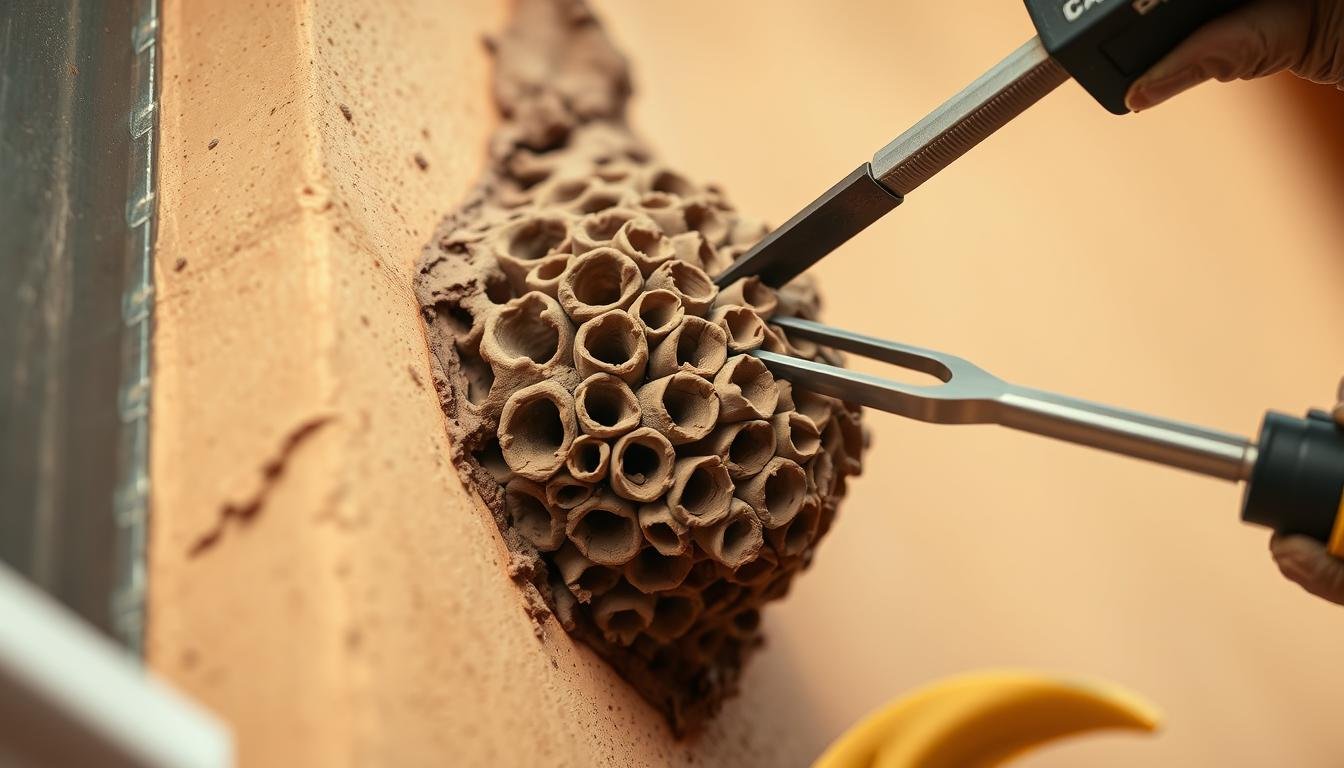 A close-up view of a mud dauber wasp nest being carefully removed from a building's exterior. The foreground shows the intricate clay architecture of the nest, with the individual tubes and chambers visible. The middle ground features the worker's hands gently prying the nest away from the wall, using specialized tools. The background is softly blurred, emphasizing the delicacy of the task. The lighting is natural, casting warm tones and subtle shadows that highlight the texture of the clay. The overall mood is one of precision and care, as the worker seeks to safely relocate the nest without harming the inhabitants.