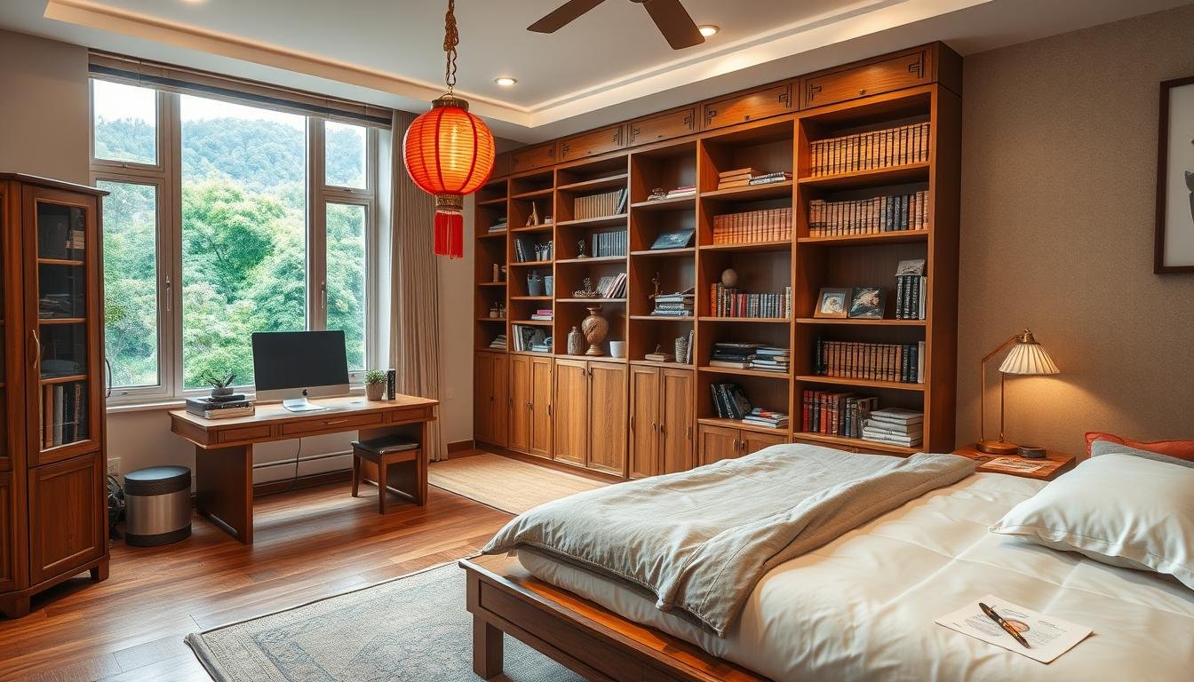 A cozy Taiwanese bedroom and home office space, filled with elements of Wen Chang feng shui. In the foreground, a wooden platform bed with plush bedding and a traditional red lantern hanging overhead, casting a warm glow. Nearby, a wooden desk with an iMac and stacks of books, symbolizing study and work. The middle ground features a large bookshelf, its shelves adorned with classic Chinese texts and trinkets. In the background, a large window overlooks a verdant outdoor landscape, letting in natural light. The overall atmosphere is one of harmony, balance, and productivity, reflecting the principles of Wen Chang placement. A cozy Taiwanese bedroom and home office space, filled with elements of Wen Chang feng shui. In the foreground, a wooden platform bed with plush bedding and a traditional red lantern hanging overhead, casting a warm glow. Nearby, a wooden desk with an iMac and stacks of books, symbolizing study and work. The middle ground features a large bookshelf, its shelves adorned with classic Chinese texts and trinkets. In the background, a large window overlooks a verdant outdoor landscape, letting in natural light. The overall atmosphere is one of harmony, balance, and productivity, reflecting the principles of Wen Chang placement.