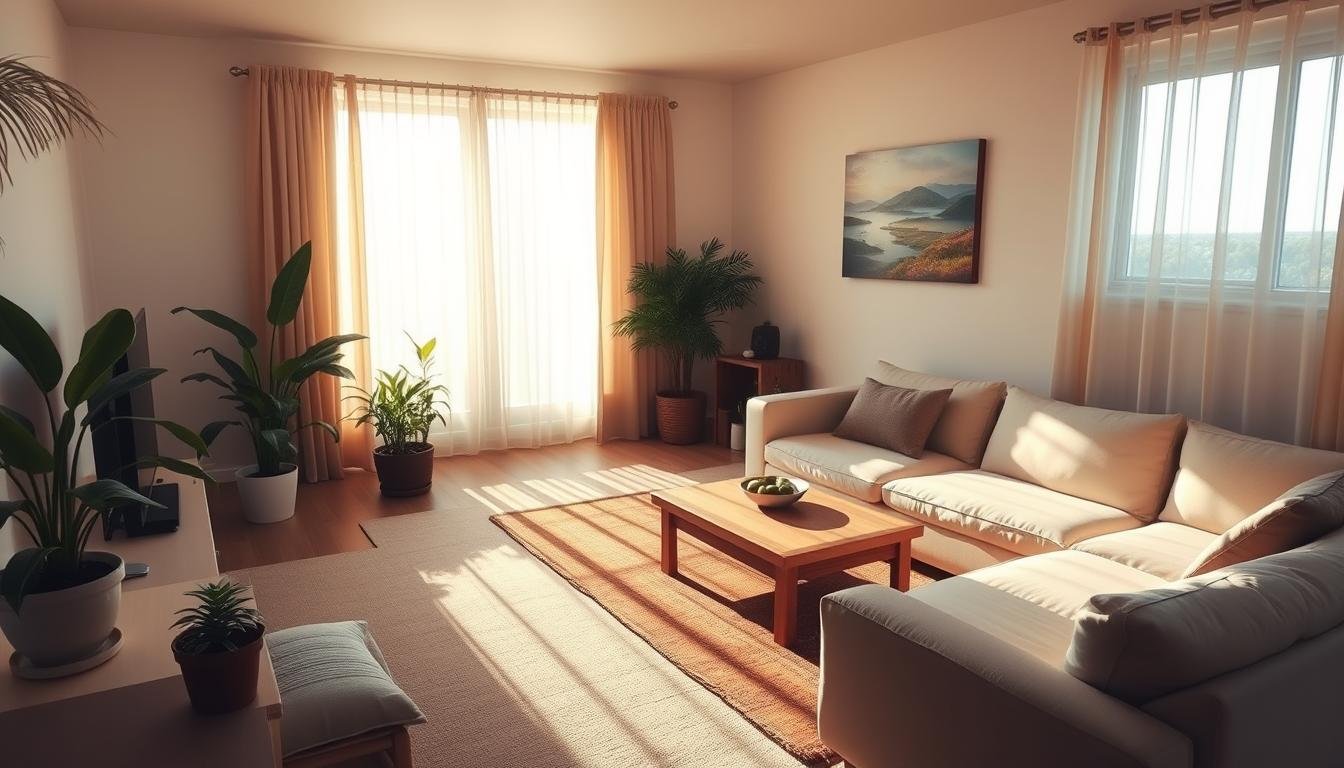 A cozy and harmonious interior, bathed in warm, natural lighting filtering through sheer curtains. A spacious living room with clean, minimalist furniture arranged in a balanced layout, accented by potted plants and a serene landscape painting on the wall. In the corner, a meditation cushion and a small altar, suggesting a calming, spiritually-attuned atmosphere. The room radiates a sense of order, tranquility and thoughtful consideration of the inhabitants' well-being and connection to their surroundings. A cozy and harmonious interior, bathed in warm, natural lighting filtering through sheer curtains. A spacious living room with clean, minimalist furniture arranged in a balanced layout, accented by potted plants and a serene landscape painting on the wall. In the corner, a meditation cushion and a small altar, suggesting a calming, spiritually-attuned atmosphere. The room radiates a sense of order, tranquility and thoughtful consideration of the inhabitants' well-being and connection to their surroundings.