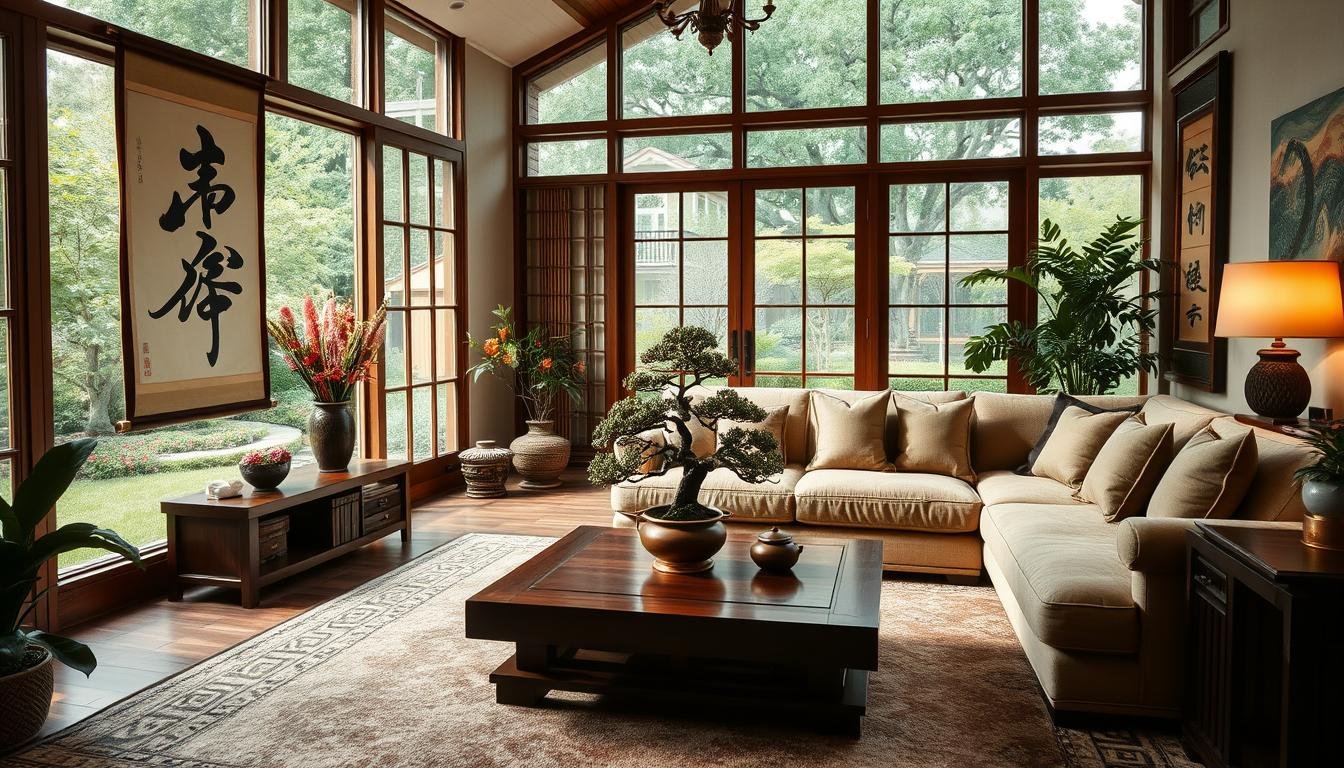A cozy and harmonious living room, filled with natural light filtering through large windows overlooking a lush, well-tended garden. The space is adorned with carefully curated traditional Chinese decor, including a stunning ink-wash painting, a wooden calligraphy scroll, and a vase of fresh flowers. A comfortable, L-shaped sofa sits atop a plush, patterned rug, inviting relaxation. The room's atmosphere exudes a sense of balance, tranquility, and connection to the natural world, reflecting the principles of positive feng shui. A low, wooden coffee table is placed at the center, its surface adorned with a bonsai tree and a traditional tea set, creating a harmonious focal point. Soft, ambient lighting and the gentle hum of a water feature complete the serene, harmonious ambiance. A cozy and harmonious living room, filled with natural light filtering through large windows overlooking a lush, well-tended garden. The space is adorned with carefully curated traditional Chinese decor, including a stunning ink-wash painting, a wooden calligraphy scroll, and a vase of fresh flowers. A comfortable, L-shaped sofa sits atop a plush, patterned rug, inviting relaxation. The room's atmosphere exudes a sense of balance, tranquility, and connection to the natural world, reflecting the principles of positive feng shui. A low, wooden coffee table is placed at the center, its surface adorned with a bonsai tree and a traditional tea set, creating a harmonious focal point. Soft, ambient lighting and the gentle hum of a water feature complete the serene, harmonious ambiance.