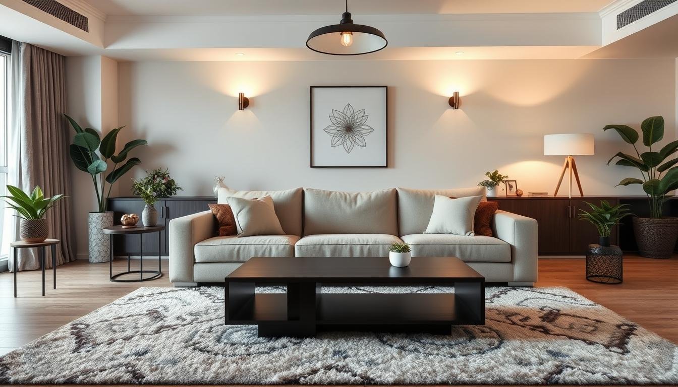 A cozy and harmonious living room with a balanced and intentional arrangement of furniture and decor. A large, plush sofa in a neutral tone forms the centerpiece, flanked by minimalist end tables with potted plants. A sleek, rectangular coffee table in dark wood sits atop a lush, patterned area rug. Shelves along the back wall display carefully curated books and decorative items. Indirect lighting from sconces and a modern, pendant light fixture create a warm, inviting atmosphere. The overall aesthetic blends traditional and contemporary elements, reflecting the principles of Xiang Guan Bai feng shui.