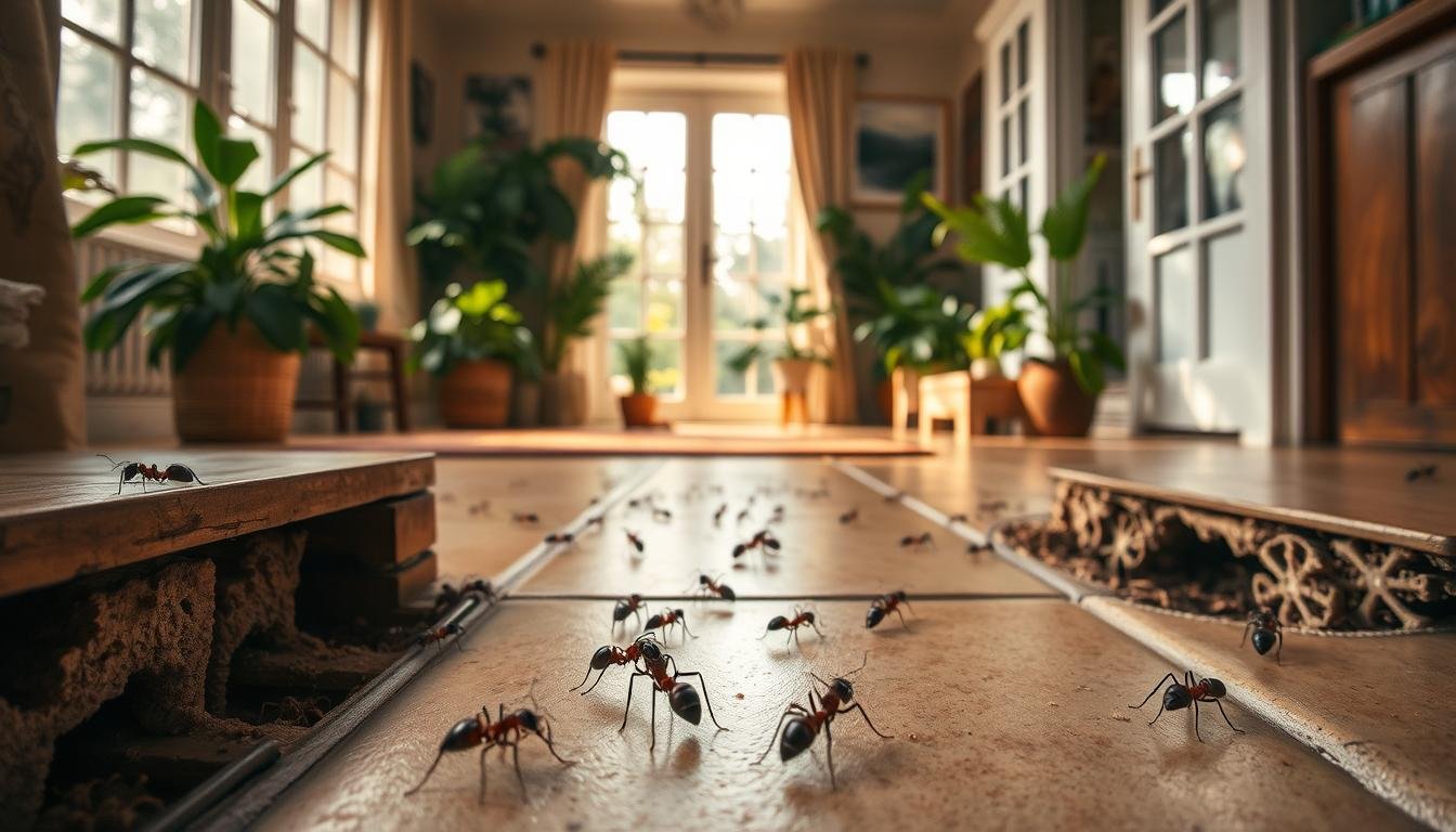A cozy and inviting home interior, filled with natural light streaming through large windows. In the foreground, a family of industrious ants busily navigate the tile floor, exploring the nooks and crannies of the space. The middle ground showcases the ants' intricate network of tunnels and chambers, constructed within the floorboards and walls. In the background, lush indoor plants and a warm, earthy color palette create a serene, almost mystical atmosphere, hinting at the ants' harmonious integration within the domestic environment. The scene is captured with a wide-angle lens, emphasizing the scale of the ant colony in relation to the human-scaled room. Soft, diffused lighting casts gentle shadows, enhancing the natural textures and details. An image that captivates the viewer's curiosity about the unseen world thriving within the everyday home.