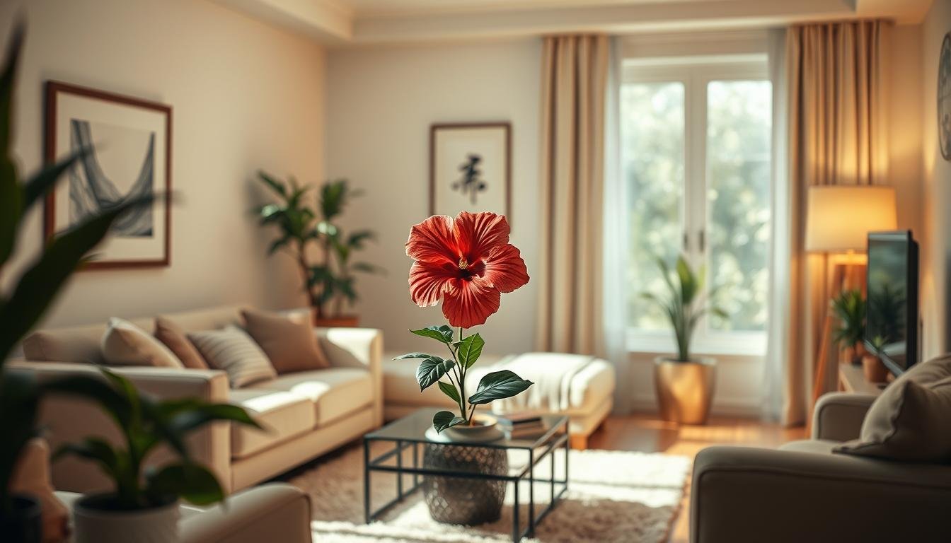 A cozy and inviting living room with a prominent placement of a beautiful flowering plant, likely a Hibiscus or Hibiscus-like bloom, taking center stage. The room is bathed in warm, soft lighting, creating a serene and harmonious atmosphere. The plant is positioned in a visually appealing spot, such as on a side table or shelf, framed by tasteful decor elements like minimalist artwork, potted plants, and perhaps a plush area rug. The overall layout and styling showcase the Hibiscus as a focal point, highlighting its symbolic meaning and importance in the context of the room's Feng Shui design. The scene conveys a sense of balance, tranquility, and an auspicious energy flow within the living space.