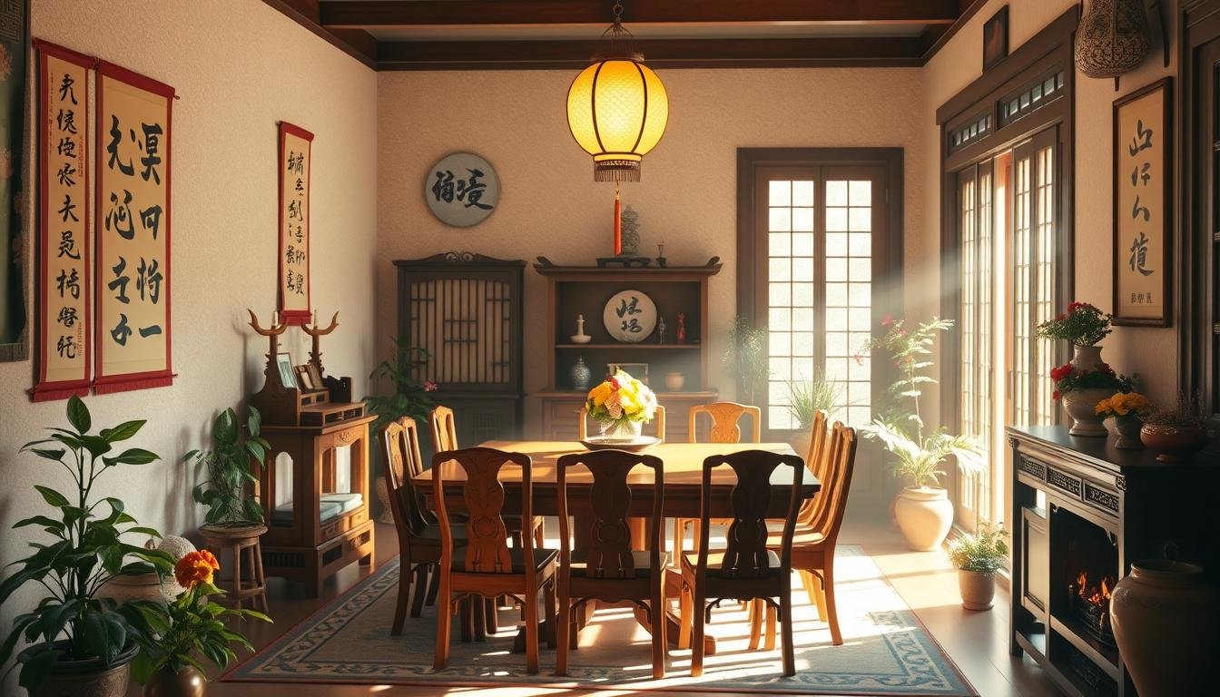 A cozy and well-organized traditional Chinese family home. The central focal point is a large wooden dining table surrounded by intricately carved chairs, illuminated by a hanging lantern. The walls are adorned with calligraphy scrolls and traditional paintings, while a small altar stands in the corner, filled with incense and offerings. Sunlight streams in through large windows, casting warm, soft lighting on the scene. Potted plants and vases of fresh flowers add splashes of vibrant color. The atmosphere is one of harmony, tradition, and familial togetherness.