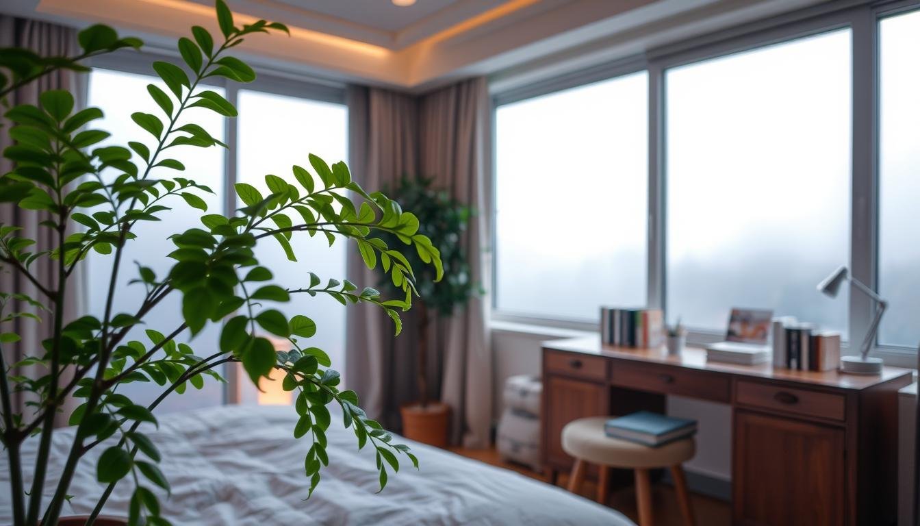 A cozy bedroom interior with a serene atmosphere. In the foreground, a lush, thriving potted fern casts a soft, verdant glow. The middle ground features a polished wooden desk, neatly arranged with books and stationery, bathed in warm, diffused lighting. The background showcases a large window, revealing a misty, misty landscape outside, hinting at the delicate balance between indoor and outdoor humidity. The scene evokes a sense of tranquility and the harmonious interplay between nature and the built environment.