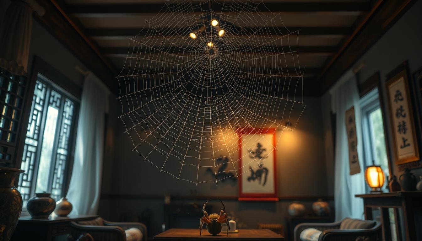 A cozy, dimly lit interior scene of a traditional Chinese living room. In the center, a large, intricate spider web hangs from the ceiling, casting delicate shadows across the room. The web is illuminated by soft, warm lighting, highlighting its intricate, organic patterns. In the foreground, a curious house spider sits at the center of the web, its beady eyes reflecting the glow. Surrounding the web, traditional Chinese decor and furnishings, such as a wooden table, ornate vases, and a hanging scroll painting, create an atmosphere of tranquility and auspiciousness. The overall mood evokes a sense of wonder and the belief that the spider's presence in the home signifies good fortune.