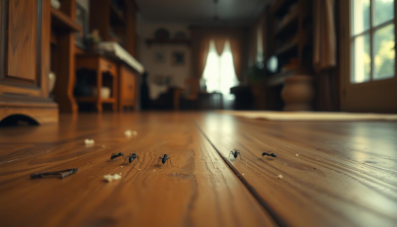 A cozy domestic interior, bathed in warm, soft lighting. In the foreground, a small cluster of industrious ants marches across a wooden floor, their movements capturing the viewer's attention. The middle ground reveals subtle signs of their presence - a few crumbs, a stray twig, a faint trail leading towards a hidden nook. The background gently fades into the shadows, hinting at the unseen depths of the home, where the ants may have established their colony. The scene evokes a sense of quiet observation, inviting the viewer to consider the hidden world of these tiny creatures and their potential significance within the domestic space. A cozy domestic interior, bathed in warm, soft lighting. In the foreground, a small cluster of industrious ants marches across a wooden floor, their movements capturing the viewer's attention. The middle ground reveals subtle signs of their presence - a few crumbs, a stray twig, a faint trail leading towards a hidden nook. The background gently fades into the shadows, hinting at the unseen depths of the home, where the ants may have established their colony. The scene evokes a sense of quiet observation, inviting the viewer to consider the hidden world of these tiny creatures and their potential significance within the domestic space.