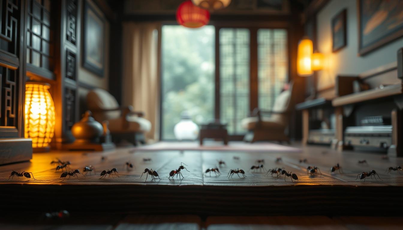 A cozy domestic scene of ants nestled within a traditional Chinese home, illuminated by warm, soft lighting. The ants are meticulously detailed, scurrying across a wooden floor, exploring the nooks and crannies of the room. In the background, glimpses of elegant furniture and decor evoke a sense of ancient culture and wisdom. The overall atmosphere is one of quiet contemplation, inviting the viewer to ponder the hidden meanings and spiritual significance of these uninvited guests. Capture the interplay of the natural and the man-made, the mundane and the mystical.