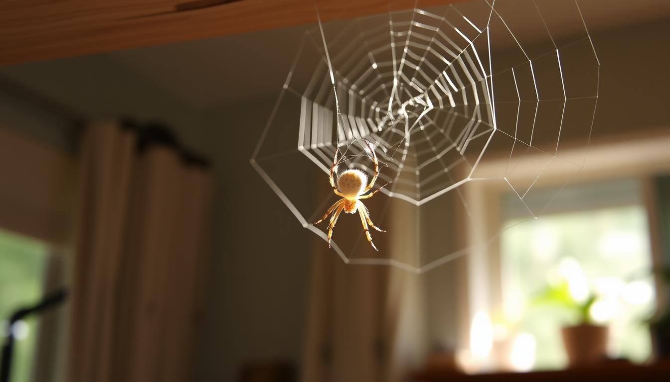 A cozy domestic scene with a healthy, white house spider casually resting on a wooden beam in the foreground. Soft, natural lighting filters through a nearby window, casting gentle shadows. The spider's delicate web is intricately woven in the background, its intricate strands catching the light. The overall atmosphere is serene and inviting, conveying the tranquil presence of the spider as a welcomed inhabitant of the home.
