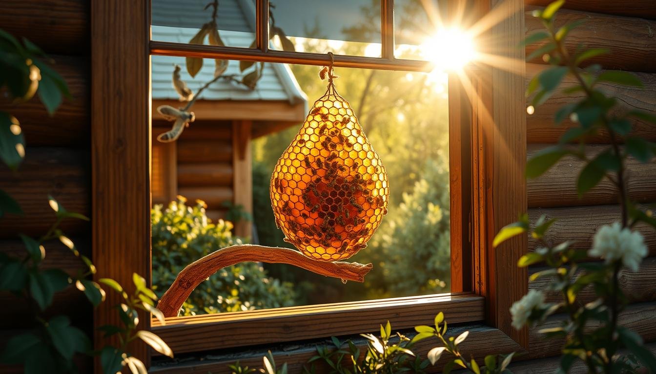 A cozy home nestled amidst a lush garden, with a wooden window frame offering a captivating view of a bustling beehive. The hive, a intricate lattice of golden honeycomb, is situated atop a sturdy branch, swaying gently in the breeze. Sunlight filters through the window, casting a warm, golden glow over the scene, accentuating the natural beauty of the honey-makers at work. The composition evokes a sense of tranquility and harmony, as the observer is drawn into the delicate balance of nature unfolding before them. A cozy home nestled amidst a lush garden, with a wooden window frame offering a captivating view of a bustling beehive. The hive, a intricate lattice of golden honeycomb, is situated atop a sturdy branch, swaying gently in the breeze. Sunlight filters through the window, casting a warm, golden glow over the scene, accentuating the natural beauty of the honey-makers at work. The composition evokes a sense of tranquility and harmony, as the observer is drawn into the delicate balance of nature unfolding before them.