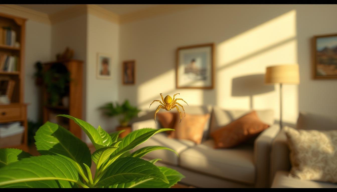 A cozy living room with warm lighting, a yellow spider resting on a houseplant, casting a soft shadow on the wall. The spider appears curious and calm, not threatening. The room is tidy, with gentle decor and inviting textures like soft fabrics and wood accents. An atmosphere of domestic serenity and contentment pervades the scene, conveying a sense of harmony and well-being. A wide-angle lens captures the full space, emphasizing the integration of the spider's presence into the serene domestic environment.