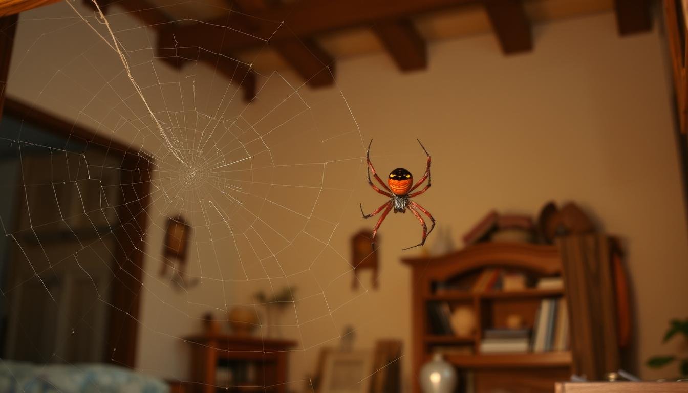 A cozy, naturalistic scene showcasing a native spider species in its domestic habitat. In the foreground, a vibrant red spider delicately weaves its intricate web, its movements graceful and purposeful. The middle ground reveals the spider's humble abode - a nook in the corner of a simple, well-lived-in room, the wooden beams and earthen tones creating a sense of harmony with the natural world. The background subtly fades into a soft, muted palette, suggesting a tranquil, balanced atmosphere. Warm, diffused lighting gently illuminates the scene, casting soft shadows that accentuate the spider's intricate form. The overall composition conveys a sense of quiet coexistence, where the spider's presence is recognized and respected within the domestic realm. A cozy, naturalistic scene showcasing a native spider species in its domestic habitat. In the foreground, a vibrant red spider delicately weaves its intricate web, its movements graceful and purposeful. The middle ground reveals the spider's humble abode - a nook in the corner of a simple, well-lived-in room, the wooden beams and earthen tones creating a sense of harmony with the natural world. The background subtly fades into a soft, muted palette, suggesting a tranquil, balanced atmosphere. Warm, diffused lighting gently illuminates the scene, casting soft shadows that accentuate the spider's intricate form. The overall composition conveys a sense of quiet coexistence, where the spider's presence is recognized and respected within the domestic realm.