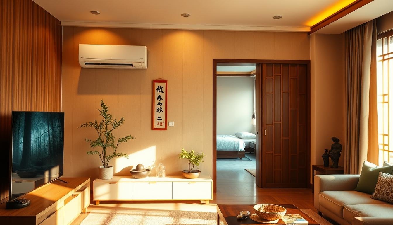 A cozy traditional Chinese living room, bathed in warm, golden lighting. In the foreground, a high-end smart TV sits atop a sleek, minimalist media console, its screen casting a soft glow. Nearby, a powerful yet energy-efficient air conditioning unit is seamlessly integrated into the wall, providing comfort. In the middle ground, a zen-inspired indoor plant and decorative elements like a Chinese calligraphy scroll and a small feng shui fountain create a harmonious ambiance. In the background, a partially concealed doorway hints at a separate, tucked-away space, perhaps a bedroom or study, contributing to the sense of balanced, functional layout. The overall scene exudes a tranquil, well-designed atmosphere that promotes relaxation and mindfulness. A cozy traditional Chinese living room, bathed in warm, golden lighting. In the foreground, a high-end smart TV sits atop a sleek, minimalist media console, its screen casting a soft glow. Nearby, a powerful yet energy-efficient air conditioning unit is seamlessly integrated into the wall, providing comfort. In the middle ground, a zen-inspired indoor plant and decorative elements like a Chinese calligraphy scroll and a small feng shui fountain create a harmonious ambiance. In the background, a partially concealed doorway hints at a separate, tucked-away space, perhaps a bedroom or study, contributing to the sense of balanced, functional layout. The overall scene exudes a tranquil, well-designed atmosphere that promotes relaxation and mindfulness.