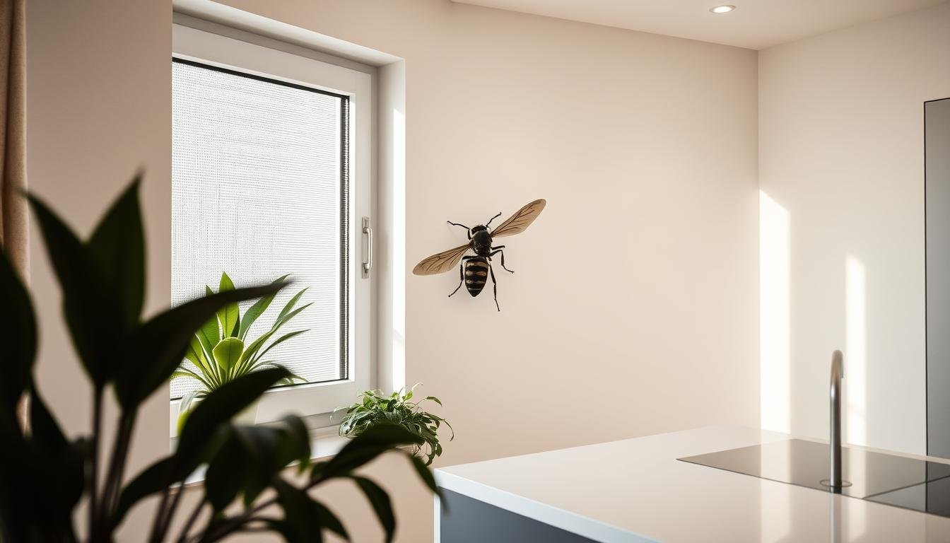 A cozy, well-lit interior with a clean, minimalist aesthetic. In the foreground, a modern window with strategically placed plants and screens, designed to deter the intrusion of black wasps. The middle ground features a sleek, uncluttered kitchen counter, while the background showcases harmonious, neutral-toned walls. Soft, diffused lighting creates a calming ambiance, accentuating the attention to detail in creating an unappealing environment for the black wasps. The overall composition conveys a sense of tranquility, balance, and a scientific approach to home pest management.