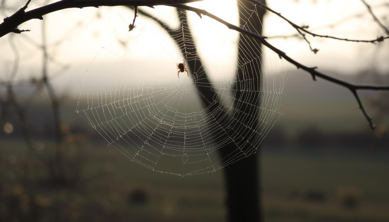 A delicate spider's web glistens with the morning dew, its intricate strands woven through the branches of a tree. The web's design shifts subtly with the changing seasons, mirroring the dance of time. In the foreground, a single spider sits patiently, its body poised to sense the slightest disturbance. Soft, diffused lighting illuminates the scene, casting long shadows and creating a sense of tranquility. The background fades into a serene, out-of-focus landscape, suggesting the interconnectedness of nature's cycles. The overall atmosphere evokes a contemplative mood, inviting the viewer to pause and observe the delicate balance of time and season reflected in the spider's web.