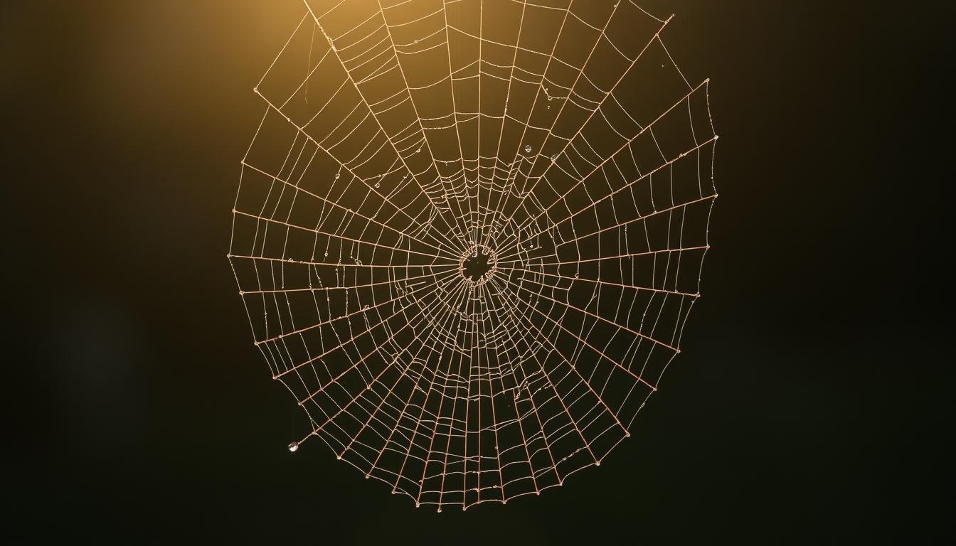 A delicate web of interconnected lines, radiating outward in a mesmerizing pattern. The strands glisten with the dew of early morning light, casting a ethereal glow across the composition. The web is suspended in mid-air, floating in an atmospheric void, emphasizing its graceful, weightless form. Subtle shadows accentuate the depth and dimensionality of the intricate structure, inviting the viewer to study its intricate geometry. The web serves as a metaphor for the harmonious interplay of natural forces, a testament to the elegance and complexity of the natural world.