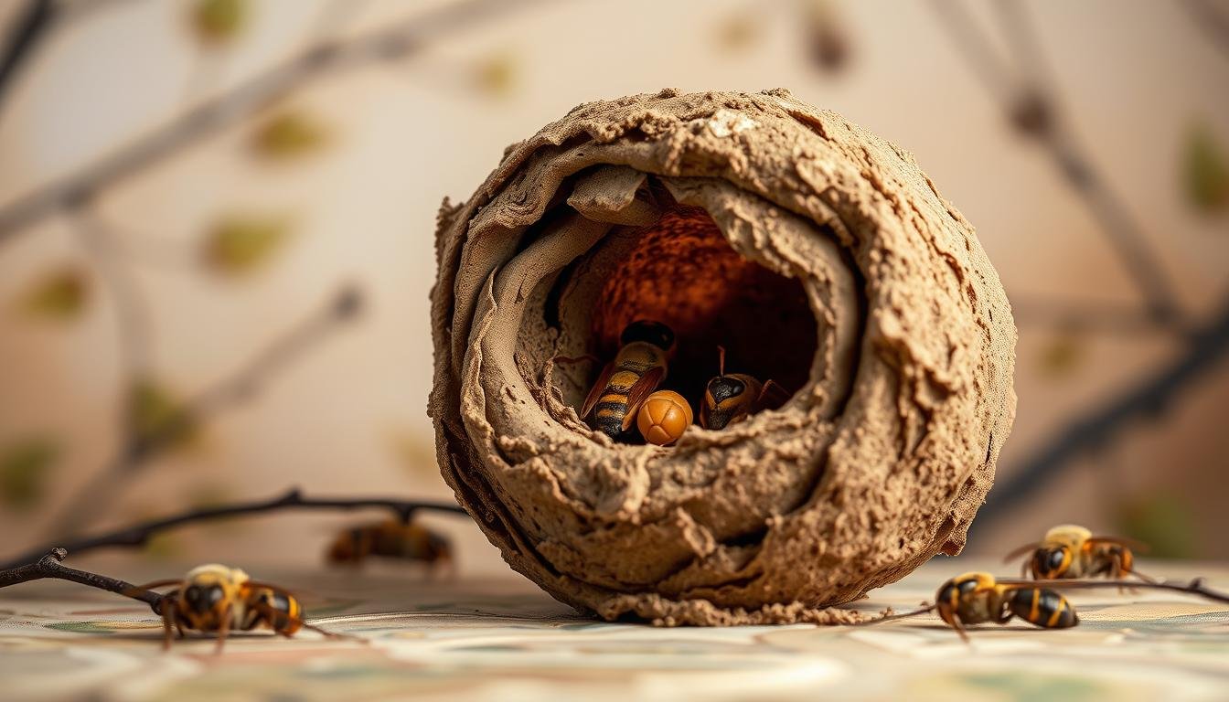 A detailed and captivating image of a mud dauber wasp nest, showcasing its intricate architecture and symbolic significance. Set against a serene, nature-inspired backdrop, the nest stands as a striking focal point, its organic curves and textured surface illuminated by soft, diffused lighting that enhances its natural beauty. The composition draws the viewer's eye to the nest, allowing them to appreciate the delicate balance and harmony of its construction, as well as the deeper insights it may offer into the mysteries of fate and the natural world. The overall mood is one of contemplation and wonder, inviting the viewer to ponder the deeper meanings and messages conveyed by this remarkable feat of nature.