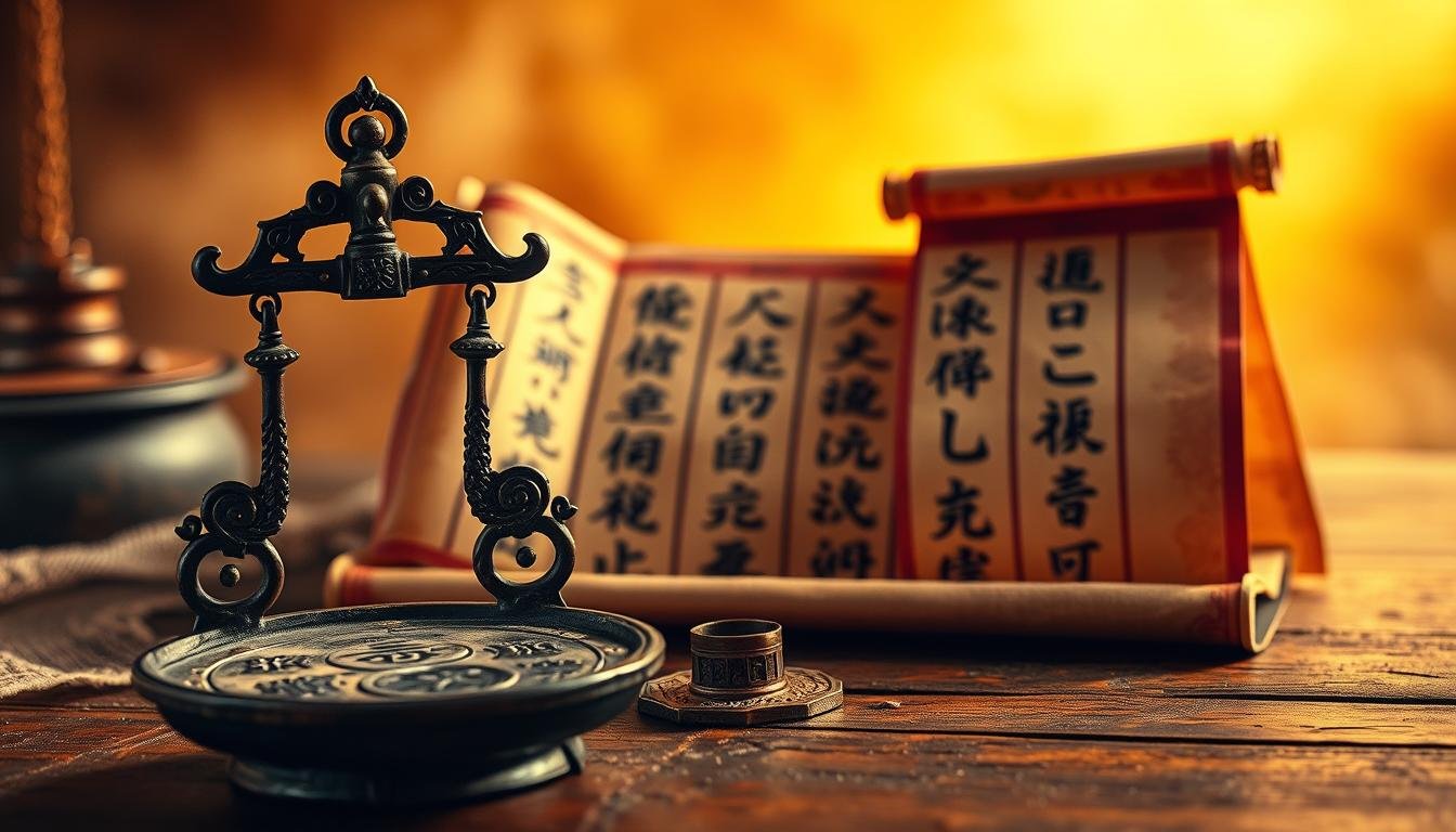 A detailed and meticulously crafted image depicting the "八字 歌訣" (Ba Zi Song) concept. The foreground showcases a pair of ancient Chinese bronze scales, their intricate designs and weathered surfaces capturing the essence of traditional divination practices. The middle ground features a series of calligraphic scrolls unrolled, revealing the enigmatic "八字 歌訣" inscriptions in elegant brush strokes. The background is shrouded in a warm, soft-focus glow, evoking a sense of timelessness and mysticism. The lighting is subtle and directional, casting gentle shadows that accentuate the textures and contours of the objects. The overall composition is balanced and harmonious, inviting the viewer to delve deeper into the arcane wisdom of the "八字 歌訣" and its role in Chinese metaphysical traditions.