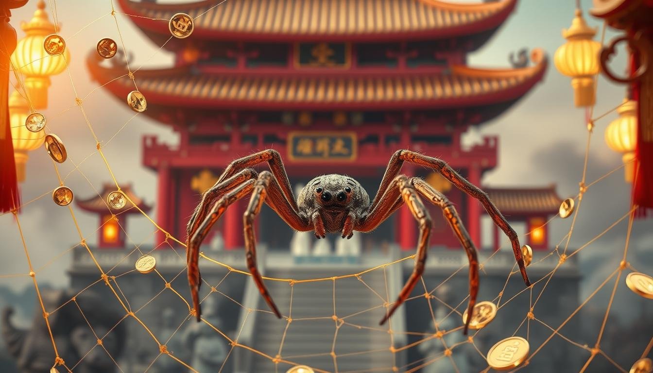 A detailed and visually striking scene of a prosperous financial arrangement symbolized by the spider. In the foreground, a golden spider web elegantly cascades, catching shimmering coins and gems that glimmer in the warm, ambient lighting. The spider itself, depicted with intricate detail, sits prominently in the center, its eyes conveying a sense of watchful guardianship over the wealth it has accumulated. In the middle ground, a traditional Chinese architectural structure, its ornate design and red-and-gold color scheme suggesting an auspicious location. The background features a misty, dreamlike landscape, hinting at the esoteric, mystical nature of this auspicious creature and its influence on fortune and prosperity. A detailed and visually striking scene of a prosperous financial arrangement symbolized by the spider. In the foreground, a golden spider web elegantly cascades, catching shimmering coins and gems that glimmer in the warm, ambient lighting. The spider itself, depicted with intricate detail, sits prominently in the center, its eyes conveying a sense of watchful guardianship over the wealth it has accumulated. In the middle ground, a traditional Chinese architectural structure, its ornate design and red-and-gold color scheme suggesting an auspicious location. The background features a misty, dreamlike landscape, hinting at the esoteric, mystical nature of this auspicious creature and its influence on fortune and prosperity.